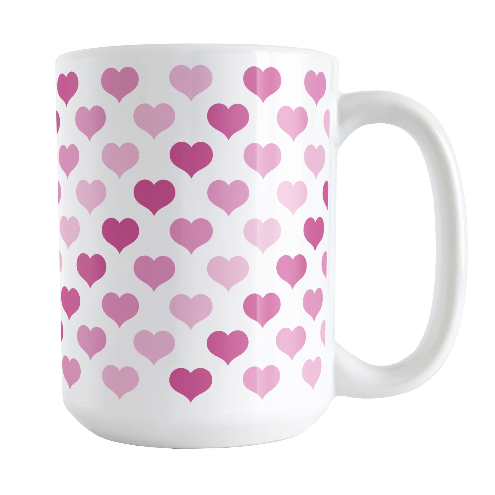 Pink Hearts Pattern Mug (15oz) at Amy's Coffee Mugs. A ceramic coffee mug designed with a pattern of hearts in three different shades of pink that wraps around the mug up to the handle.