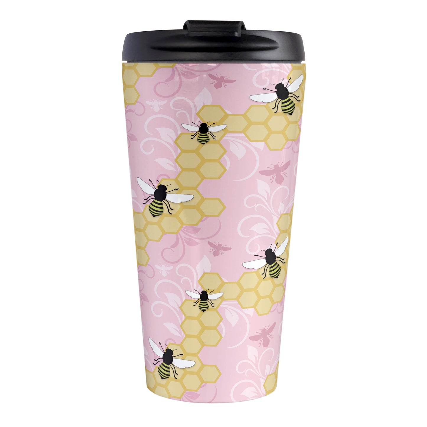 Pink Honeycomb Bee Travel Mug (15oz, stainless steel insulated) at Amy's Coffee Mugs. A travel mug designed with a pattern of black and yellow bees on honeycomb lines over a pink flourish background that wraps around the tapered shaped mug.