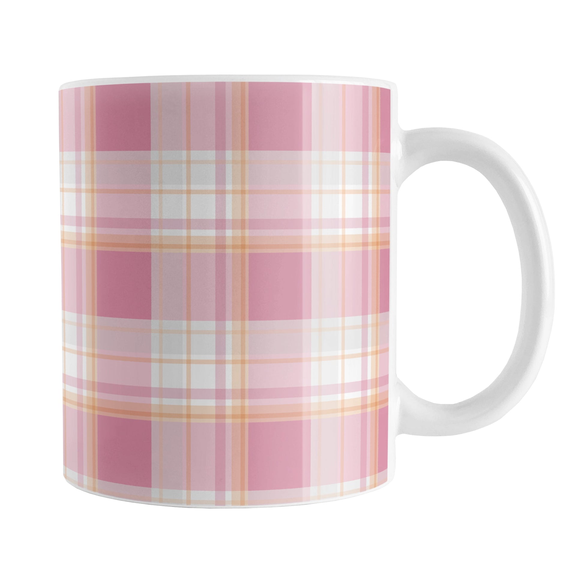 Pink Orange Plaid Mug (11oz) at Amy's Coffee Mugs. A ceramic coffee mug designed with a fashionable plaid pattern with varying shades of pink with orange accents that wraps around the mug up to the handle.