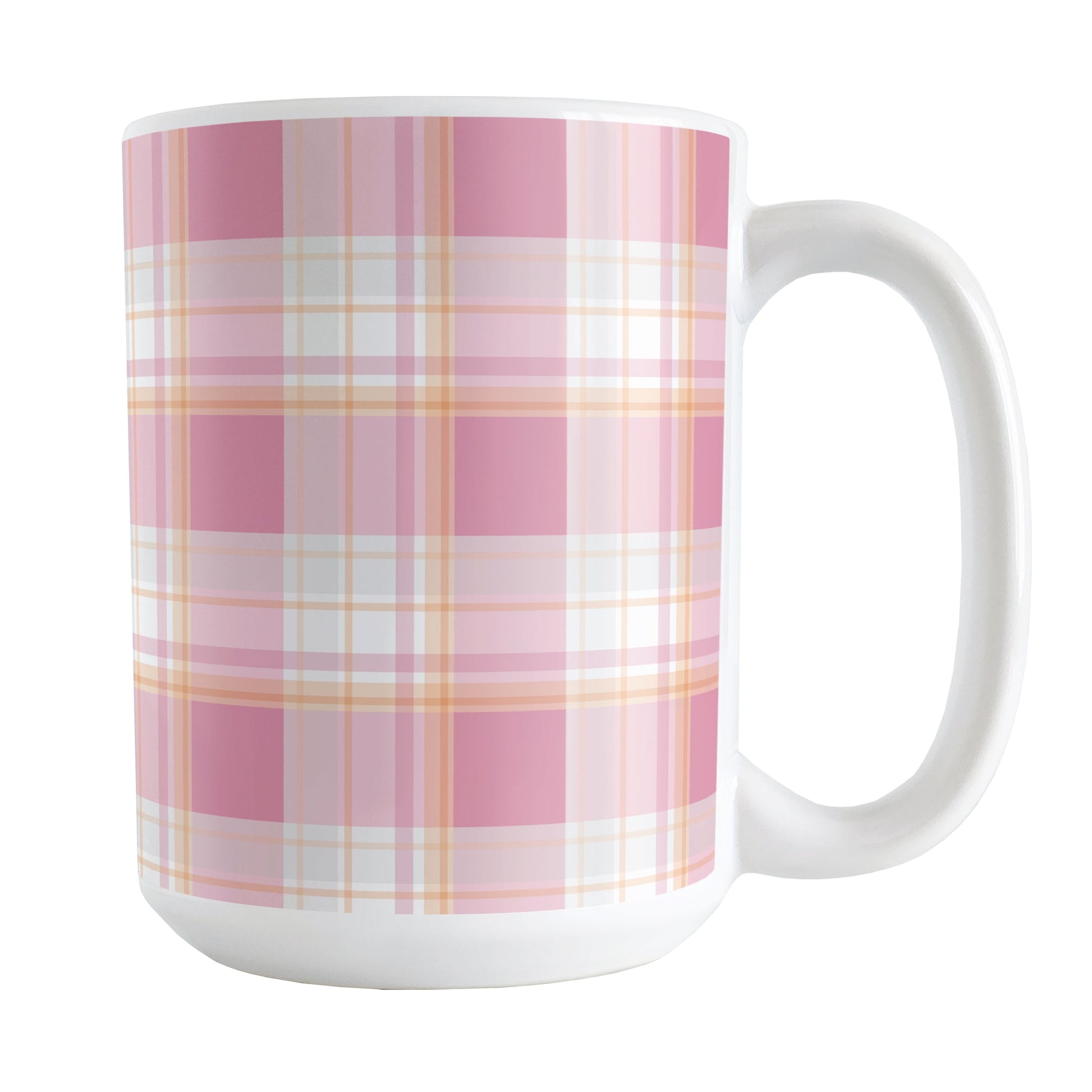 Pink Orange Plaid Mug (15oz) at Amy's Coffee Mugs. A ceramic coffee mug designed with a fashionable plaid pattern with varying shades of pink with orange accents that wraps around the mug up to the handle.