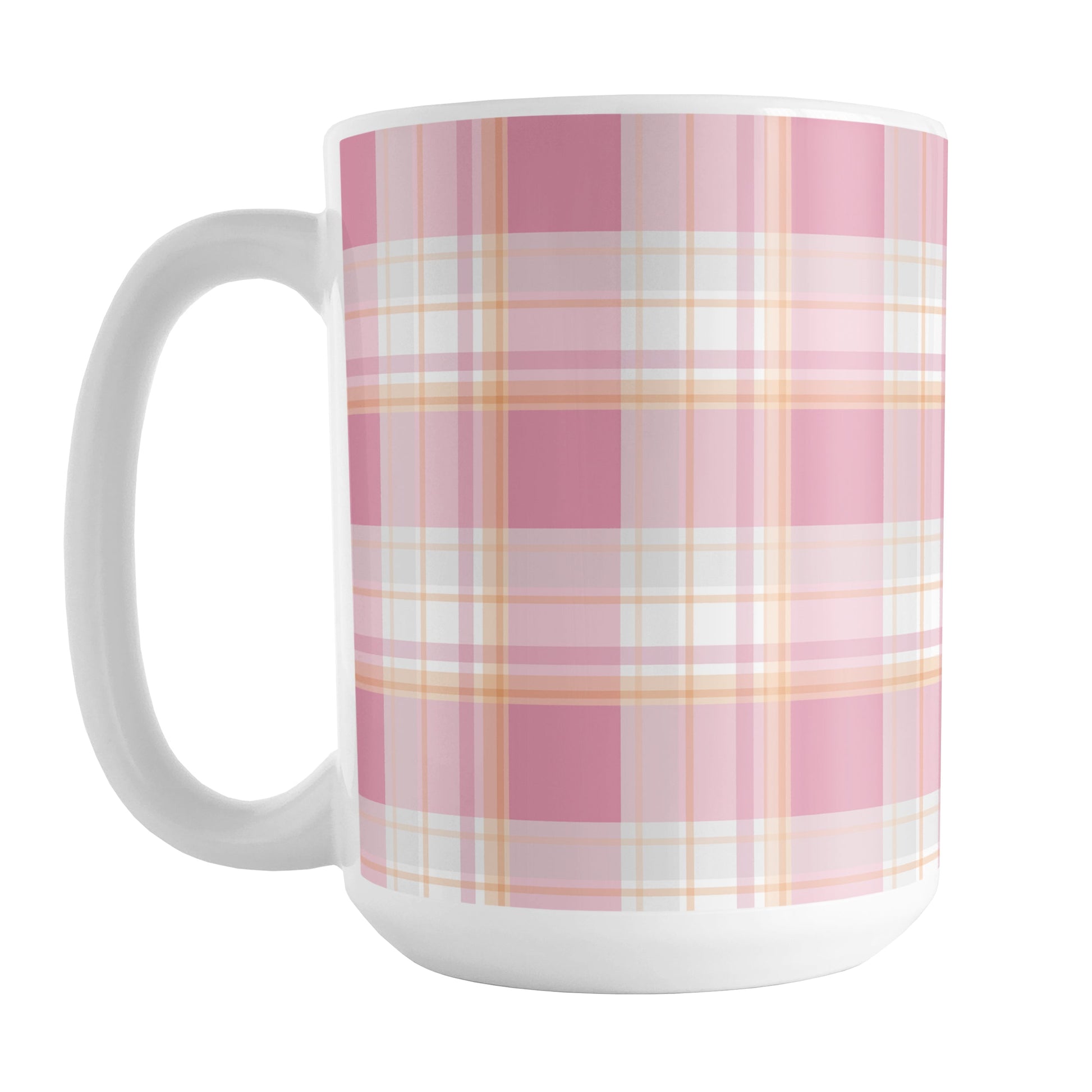 Pink Orange Plaid Mug (15oz) at Amy's Coffee Mugs. A ceramic coffee mug designed with a fashionable plaid pattern with varying shades of pink with orange accents that wraps around the mug up to the handle.