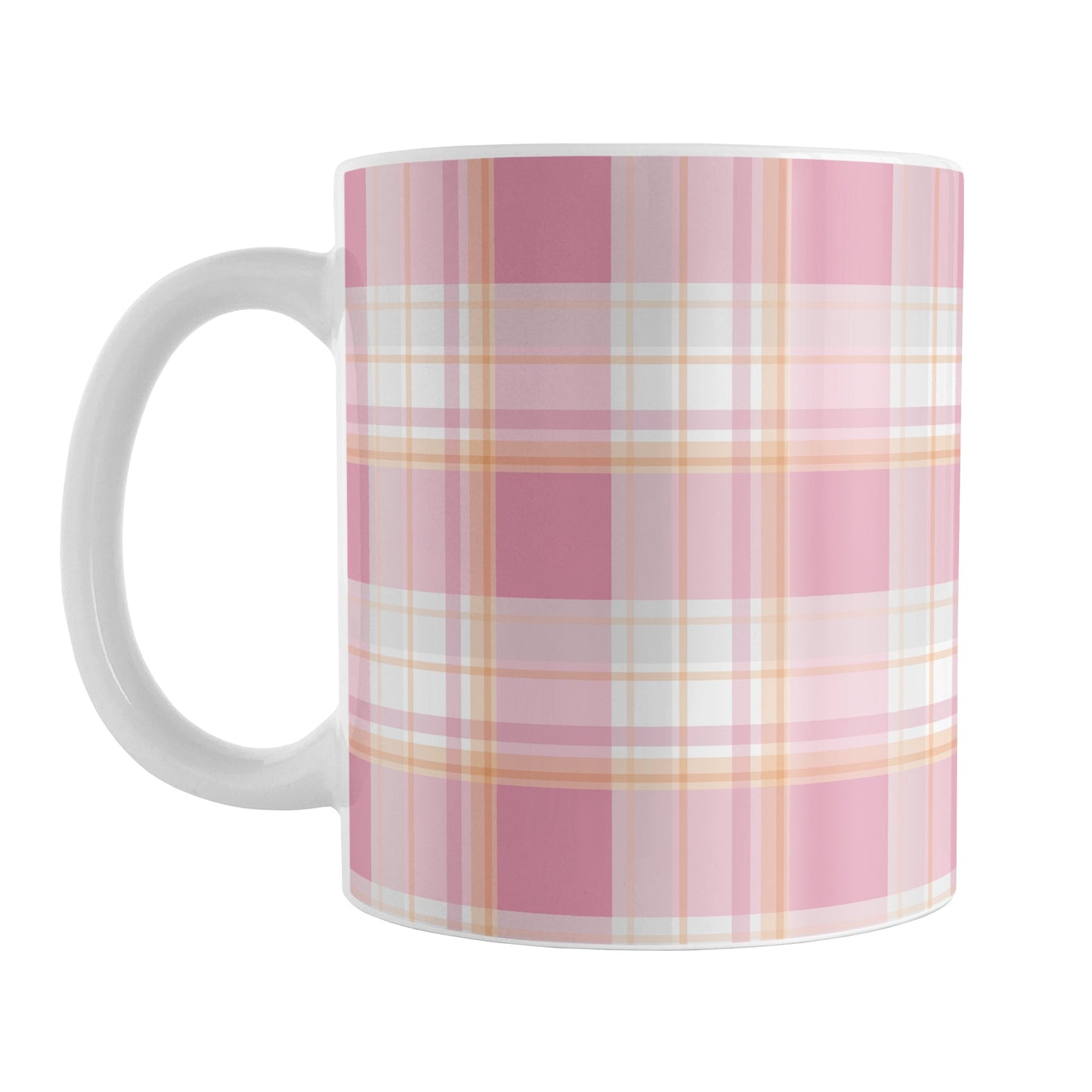 Pink Orange Plaid Mug (11oz) at Amy's Coffee Mugs. A ceramic coffee mug designed with a fashionable plaid pattern with varying shades of pink with orange accents that wraps around the mug up to the handle.