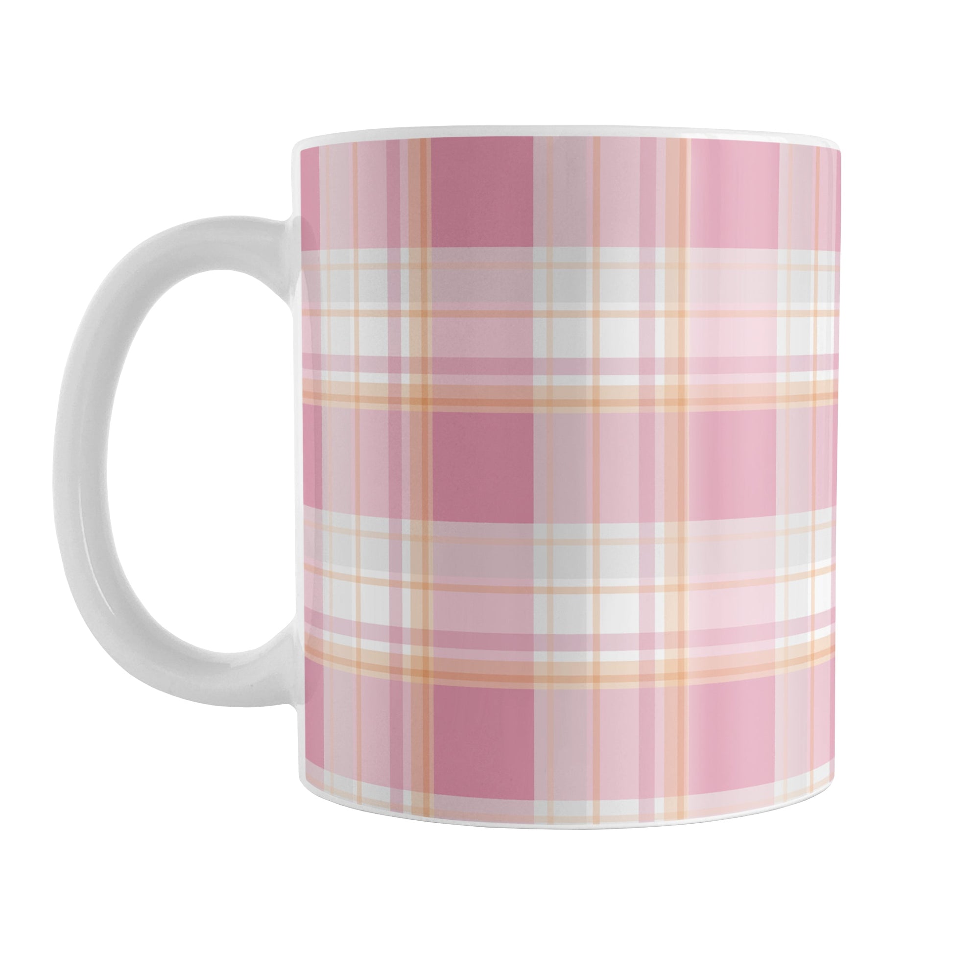 Pink Orange Plaid Mug (11oz) at Amy's Coffee Mugs. A ceramic coffee mug designed with a fashionable plaid pattern with varying shades of pink with orange accents that wraps around the mug up to the handle.