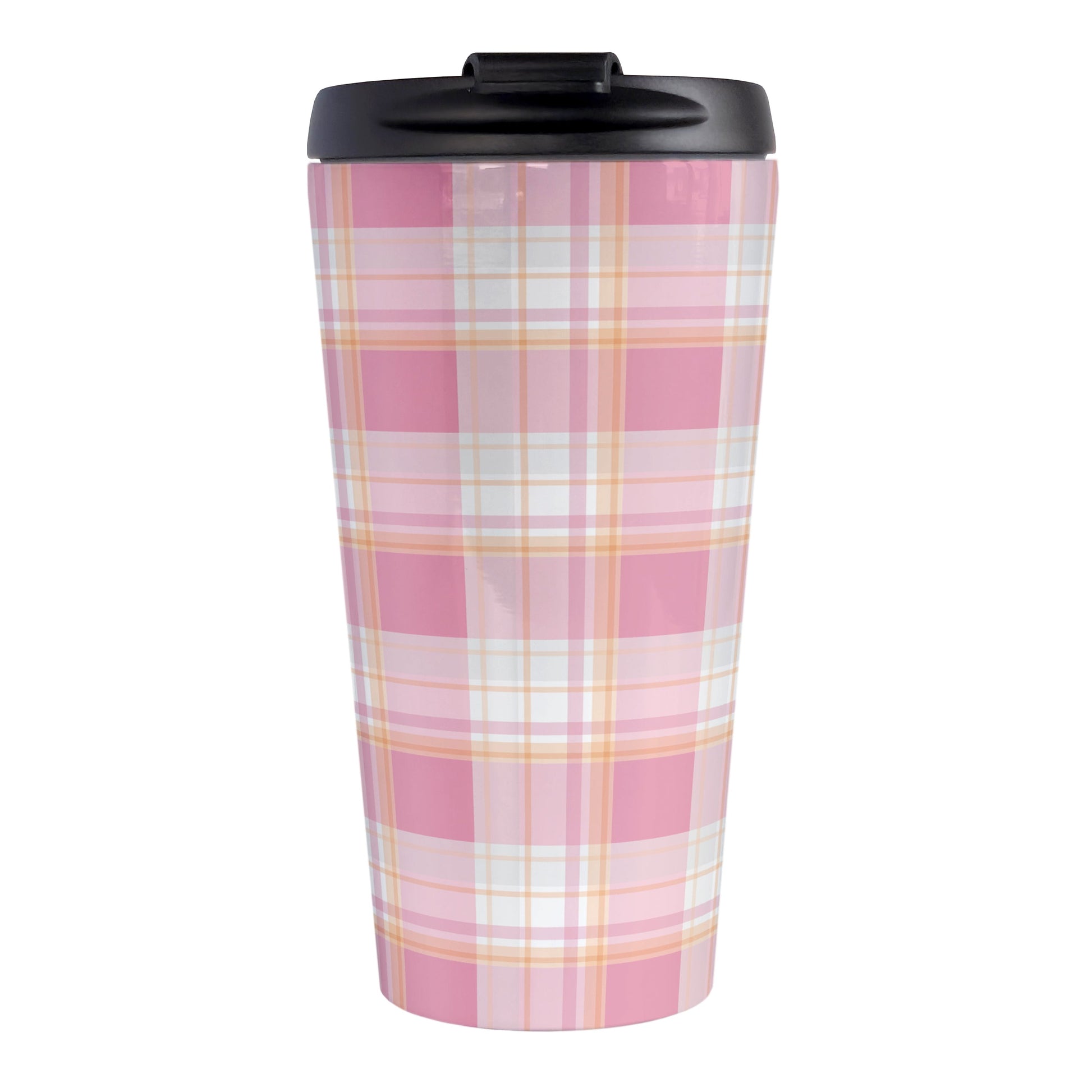 Pink Orange Plaid Travel Mug (15oz, stainless steel insulated) at Amy's Coffee Mugs. A travel mug designed with a fashionable plaid pattern with varying shades of pink with orange accents that wraps around the mug.