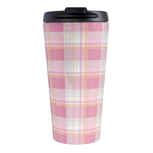 Pink Orange Plaid Travel Mug (15oz, stainless steel insulated) at Amy's Coffee Mugs. A travel mug designed with a fashionable plaid pattern with varying shades of pink with orange accents that wraps around the mug.