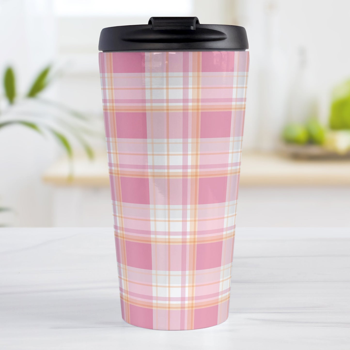 Pink Orange Plaid Travel Mug (15oz, stainless steel insulated) at Amy's Coffee Mugs. A travel mug designed with a fashionable plaid pattern with varying shades of pink with orange accents that wraps around the mug.