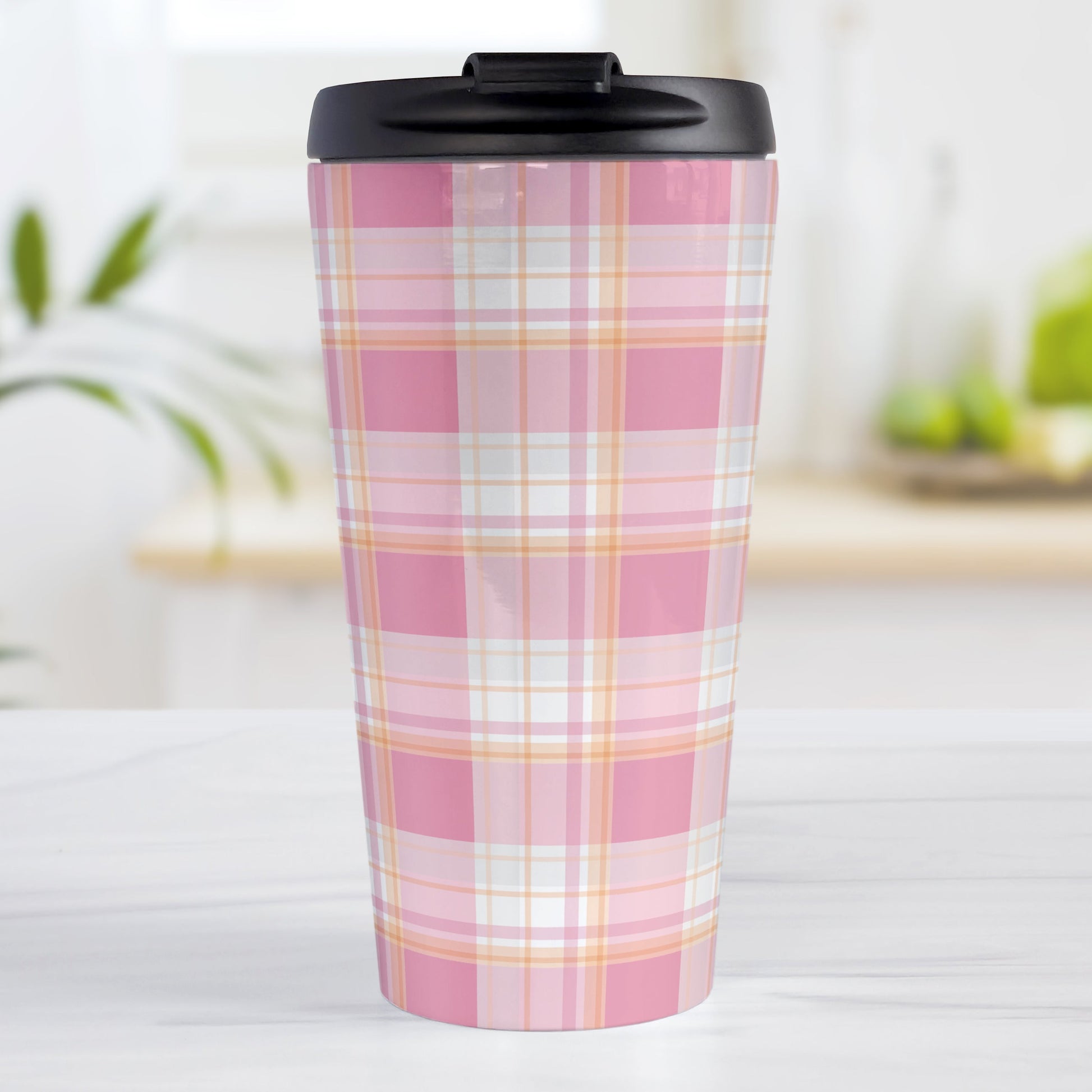Pink Orange Plaid Travel Mug (15oz, stainless steel insulated) at Amy's Coffee Mugs. A travel mug designed with a fashionable plaid pattern with varying shades of pink with orange accents that wraps around the mug.