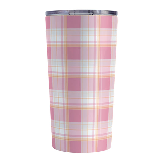 Pink Orange Plaid Tumbler Cup (20oz) at Amy's Coffee Mugs. A stainless steel insulated tumbler cup designed with a pink plaid pattern with orange accents that wraps around the cup. A preppy and stylish cup for people who love pink and orange colors together.
