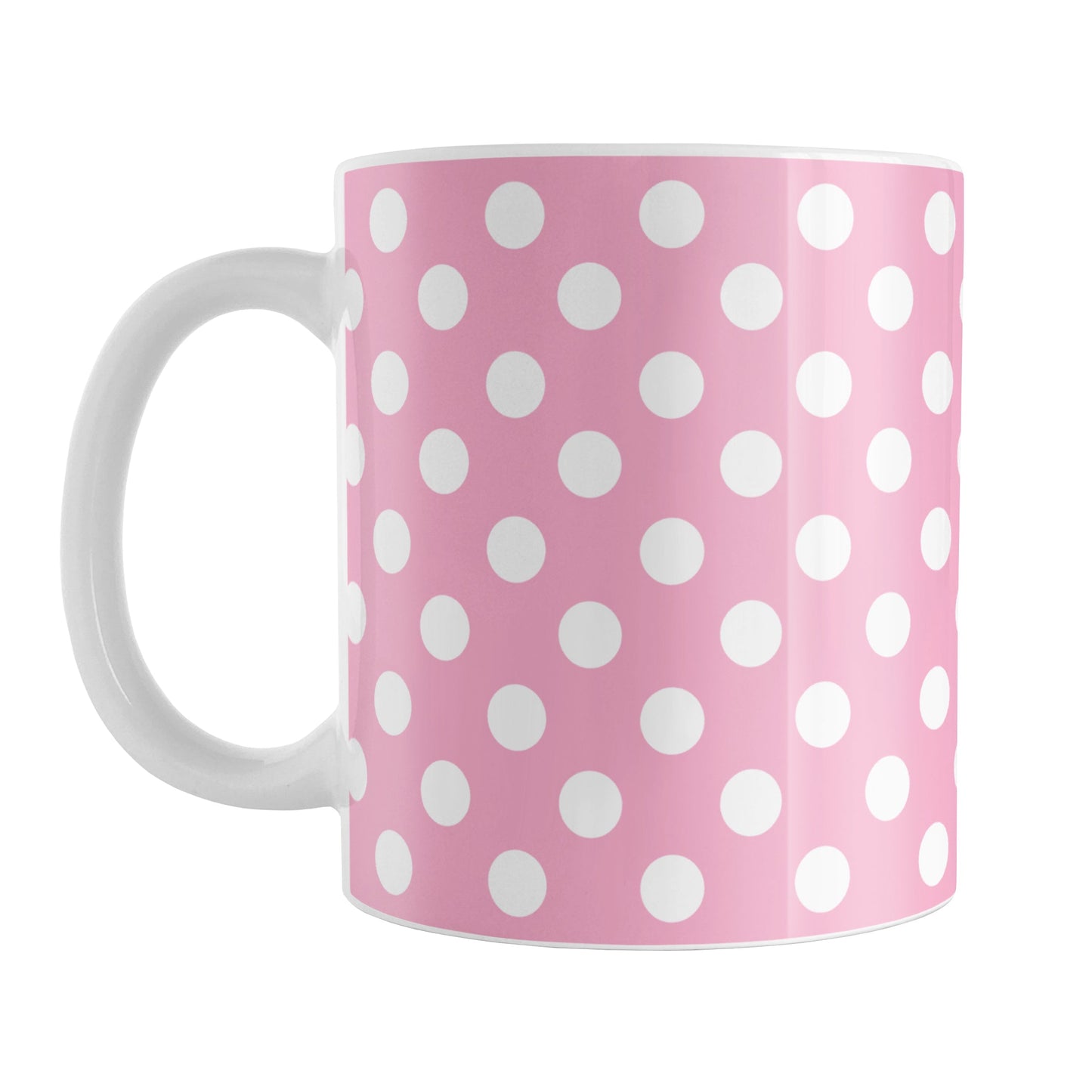 Pink Polka Dot Mug (11oz) at Amy's Coffee Mugs. A ceramic coffee mug designed with a pattern of white polka dots over a pink background color that wraps around the mug up to the handle.