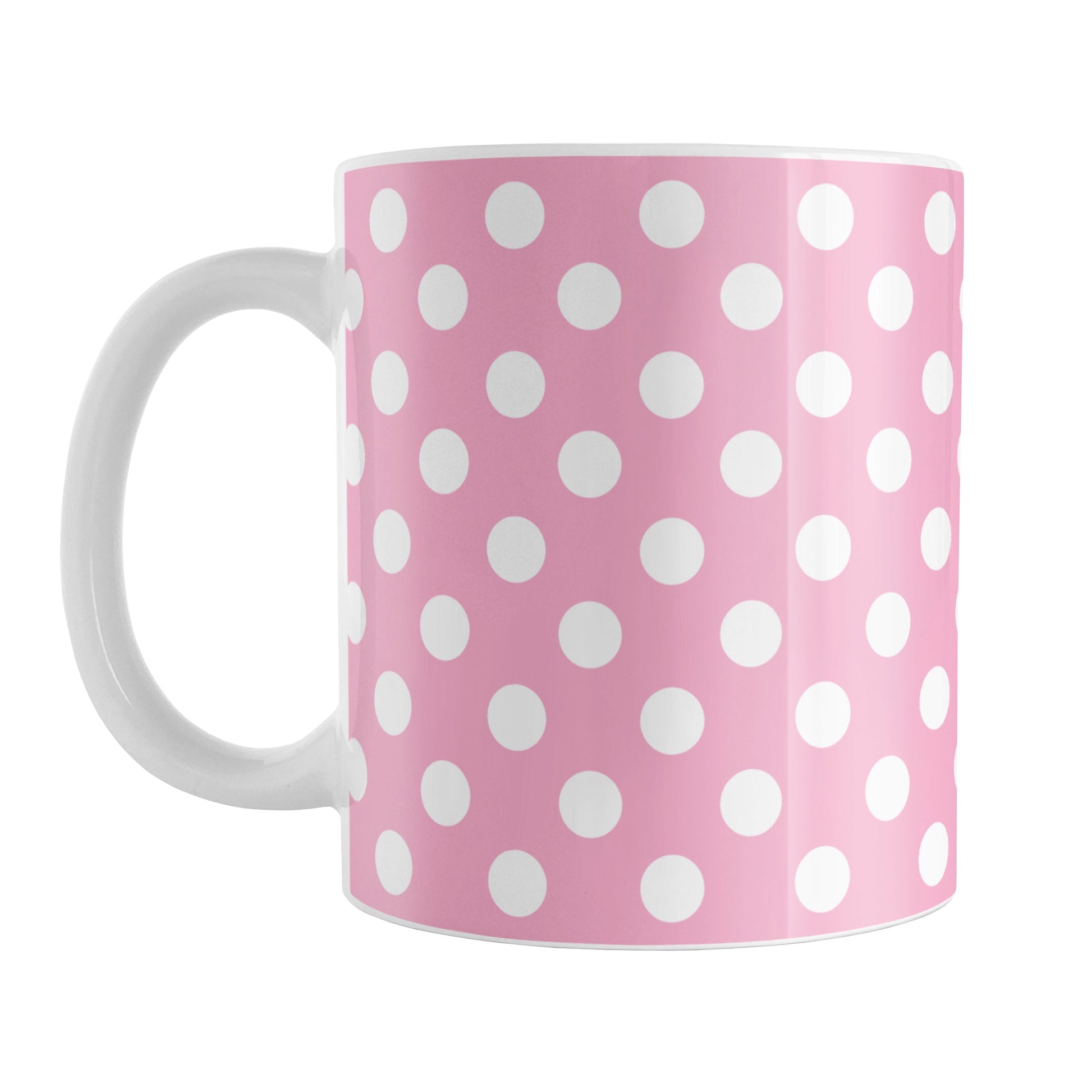 Pink Polka Dot Mug (11oz) at Amy's Coffee Mugs. A ceramic coffee mug designed with a pattern of white polka dots over a pink background color that wraps around the mug up to the handle.