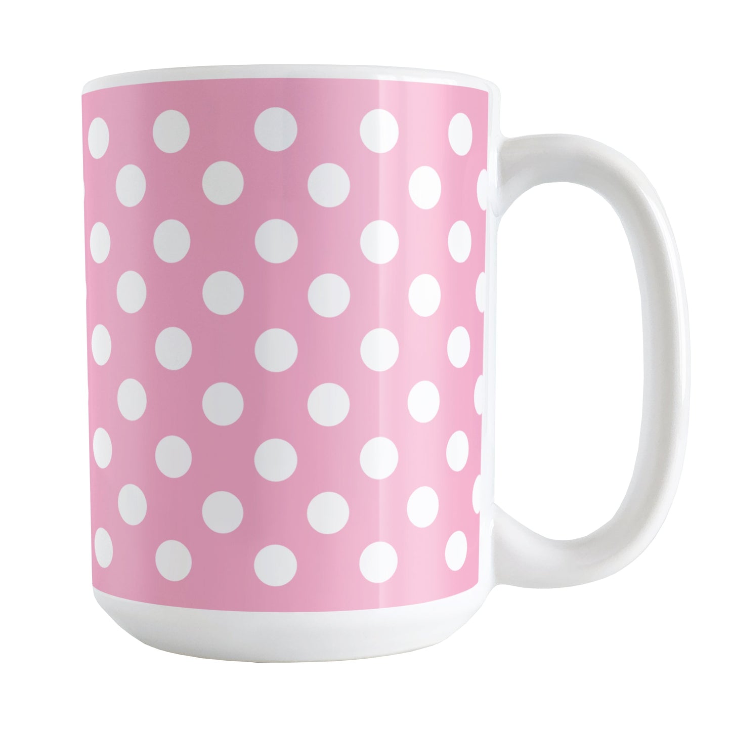 Pink Polka Dot Mug (15oz) at Amy's Coffee Mugs. A ceramic coffee mug designed with a pattern of white polka dots over a pink background color that wraps around the mug up to the handle.