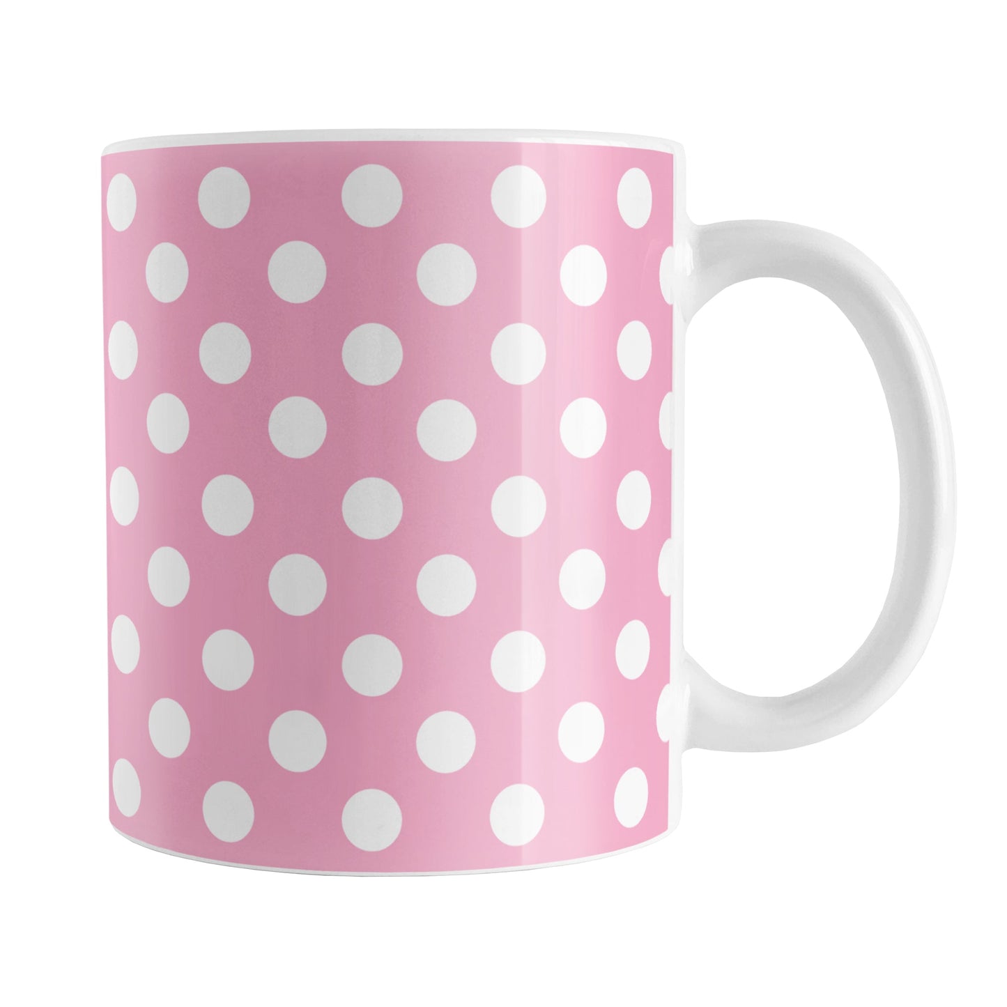 Pink Polka Dot Mug (11oz) at Amy's Coffee Mugs. A ceramic coffee mug designed with a pattern of white polka dots over a pink background color that wraps around the mug up to the handle.