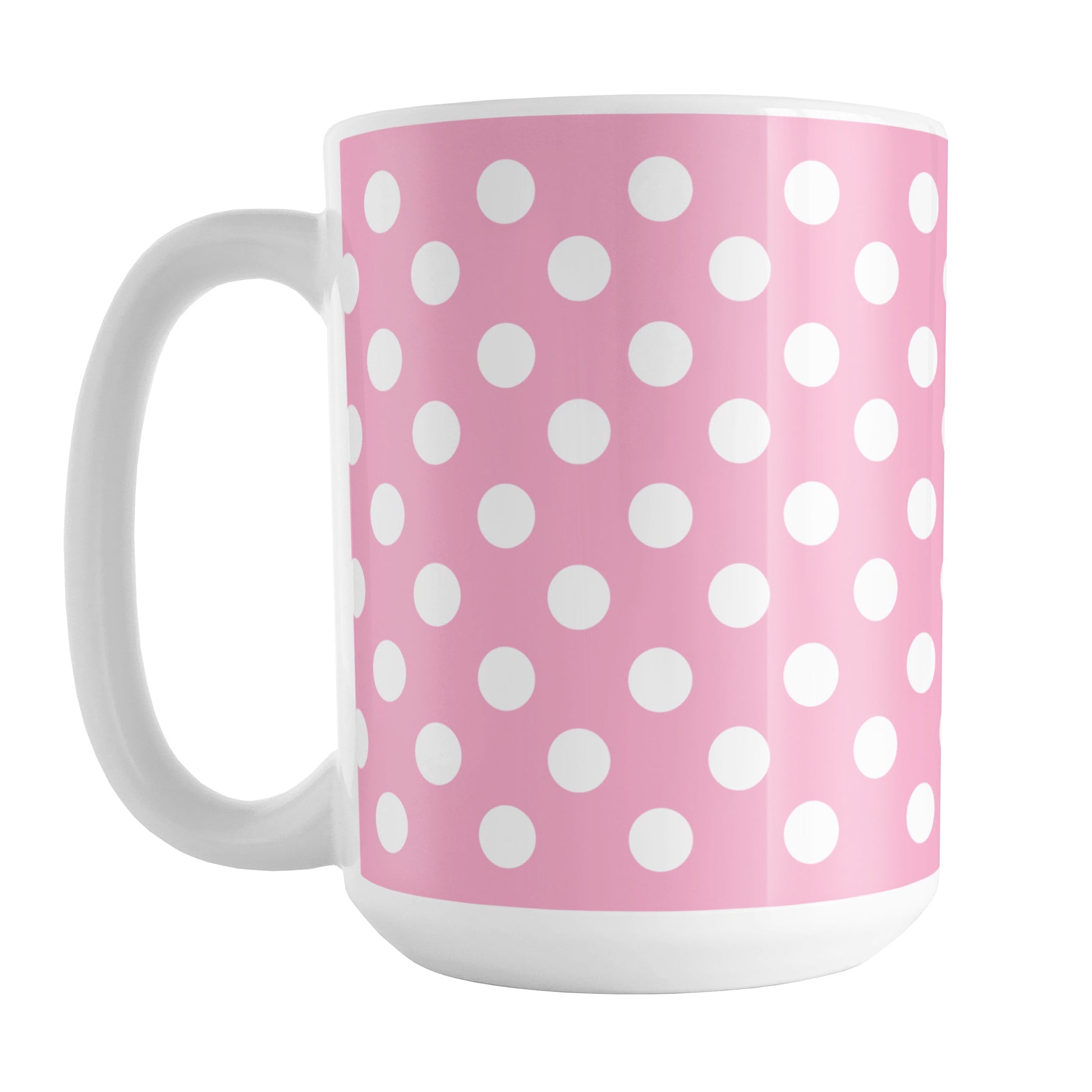 Pink Polka Dot Mug (15oz) at Amy's Coffee Mugs. A ceramic coffee mug designed with a pattern of white polka dots over a pink background color that wraps around the mug up to the handle.