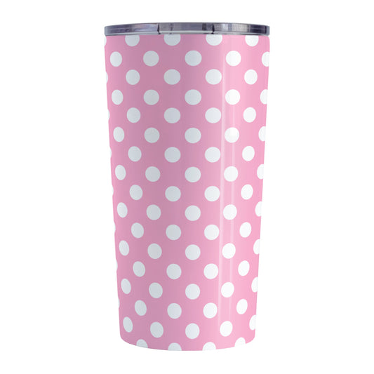 Pink Polka Dot Tumbler Cup (20oz, stainless steel insulated) at Amy's Coffee Mugs. A tumbler cup designed with a pattern of white polka dots over a pink background color that wraps around the cup.