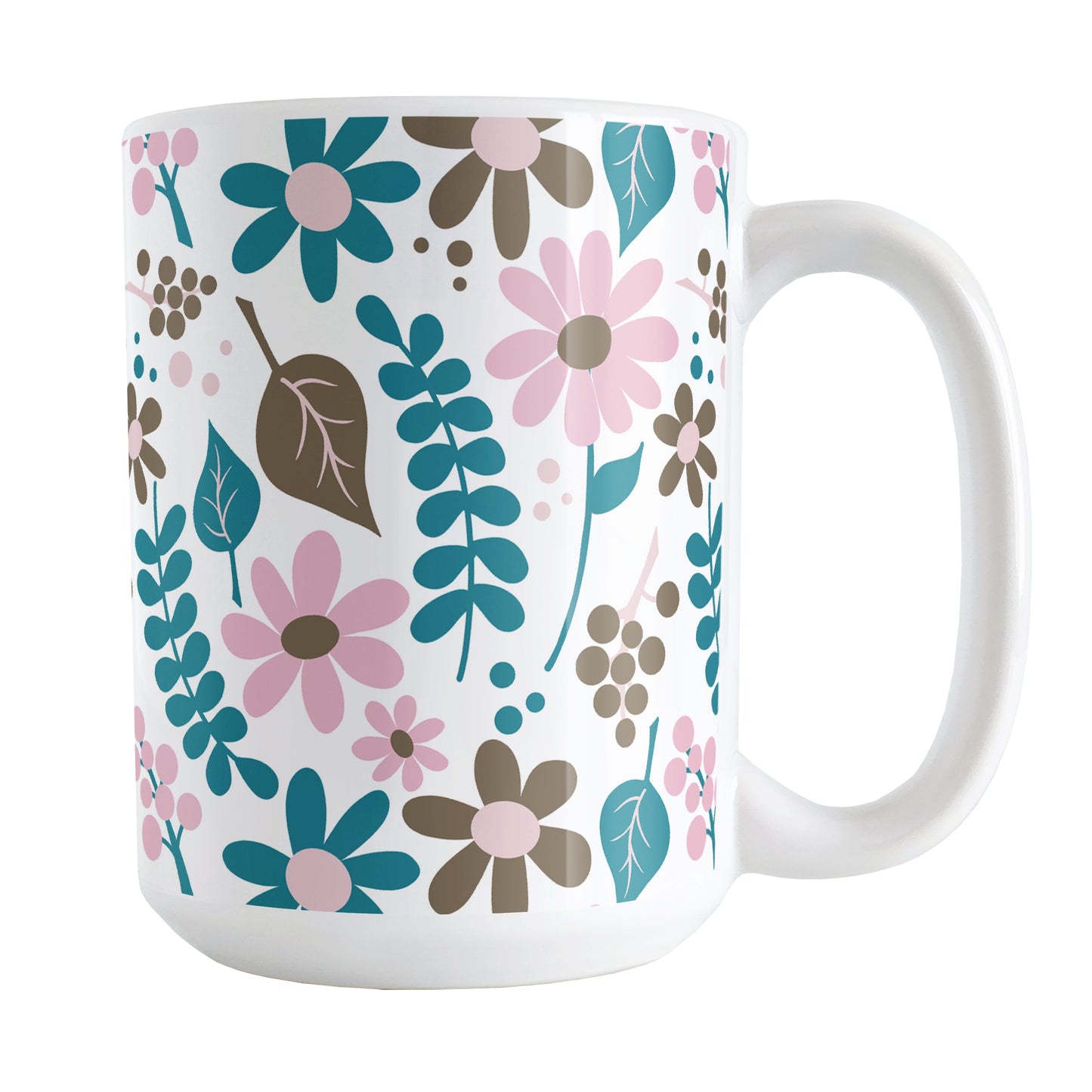 Pink Turquoise Brown Floral Pattern Mug (15oz) at Amy's Coffee Mugs. A ceramic coffee mug designed with a pretty flowers and leaves pattern in pink, dark turquoise, and brown that wraps around the mug up to the handle.