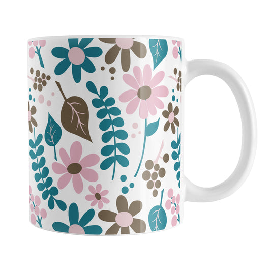 Pink Turquoise Brown Floral Pattern Mug (11oz) at Amy's Coffee Mugs. A ceramic coffee mug designed with a pretty flowers and leaves pattern in pink, dark turquoise, and brown that wraps around the mug up to the handle.