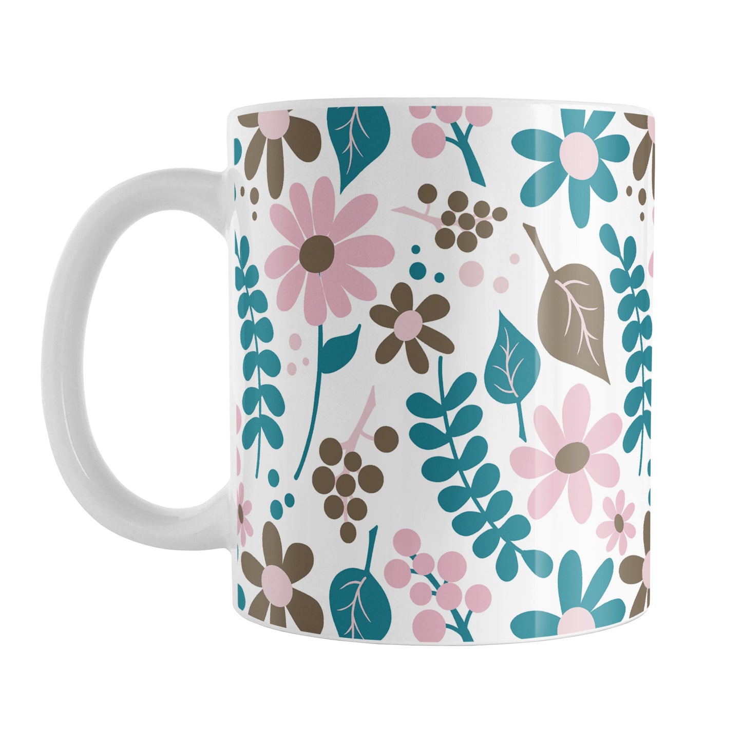 Pink Turquoise Brown Floral Pattern Mug (11oz) at Amy's Coffee Mugs. A ceramic coffee mug designed with a pretty flowers and leaves pattern in pink, dark turquoise, and brown that wraps around the mug up to the handle.