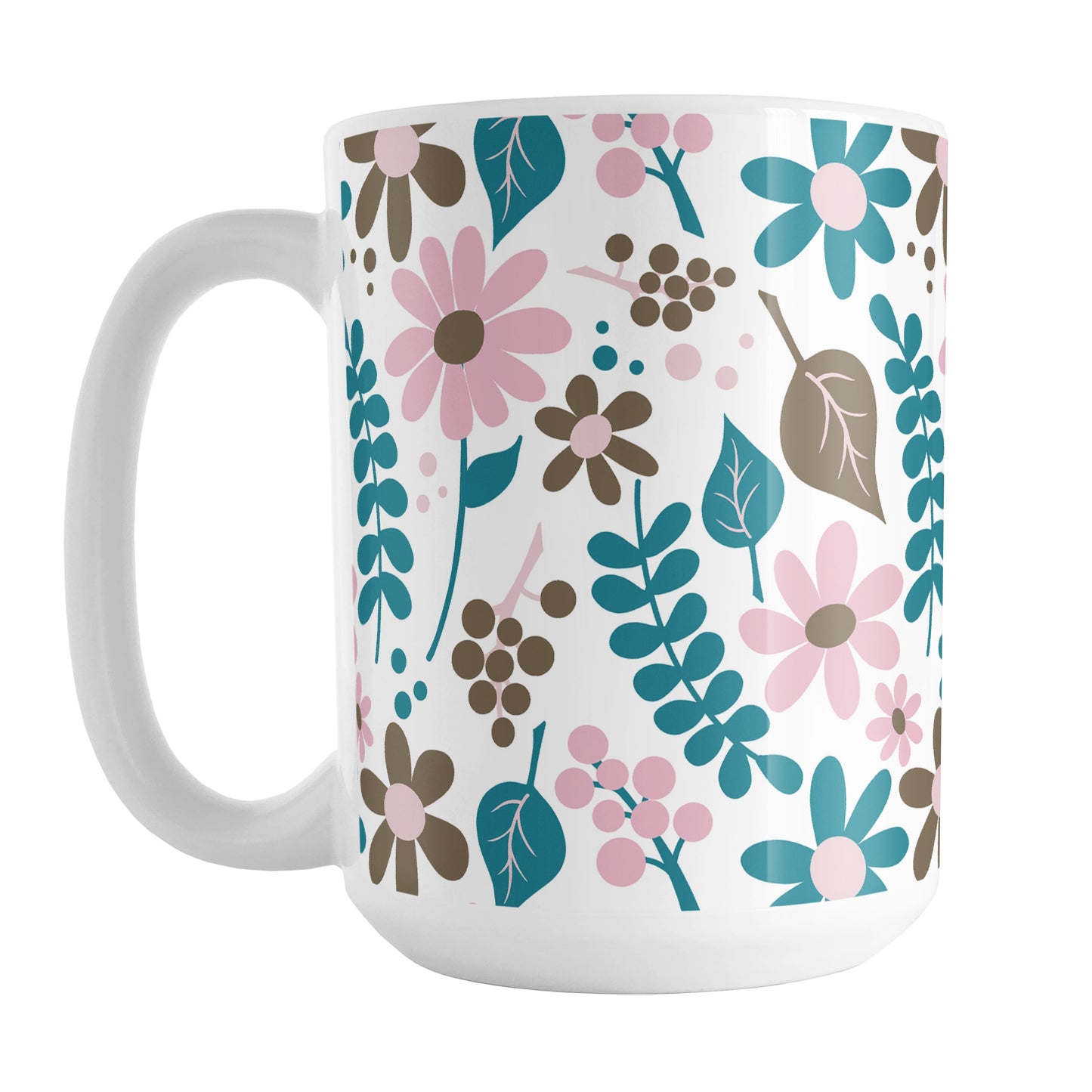 Pink Turquoise Brown Floral Pattern Mug (15oz) at Amy's Coffee Mugs. A ceramic coffee mug designed with a pretty flowers and leaves pattern in pink, dark turquoise, and brown that wraps around the mug up to the handle.