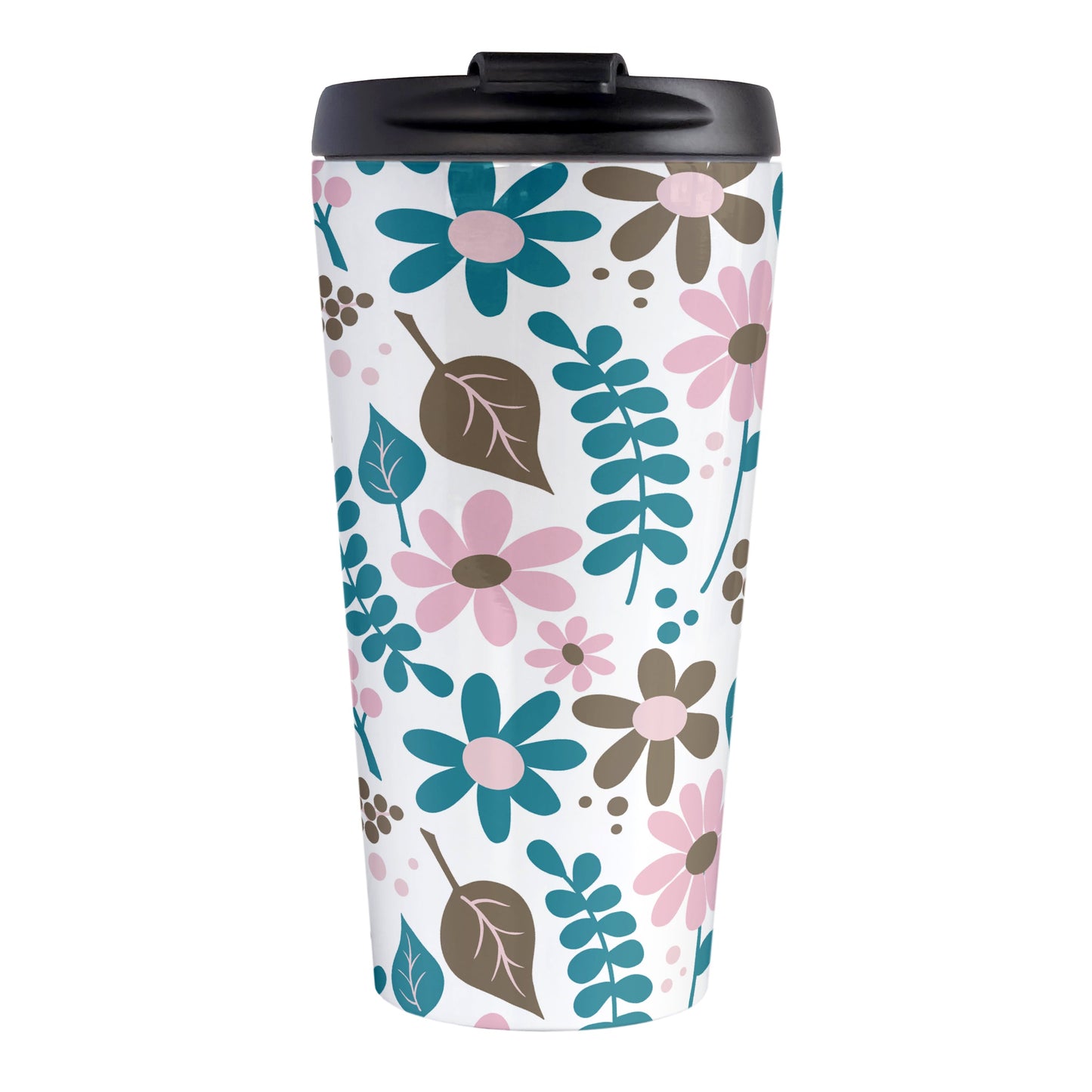 Pink Turquoise Brown Floral Pattern Travel Mug (15oz, stainless steel insulated) at Amy's Coffee Mugs. A travel mug designed with a pretty flowers and leaves pattern in pink, dark turquoise, and brown that wraps around the mug.