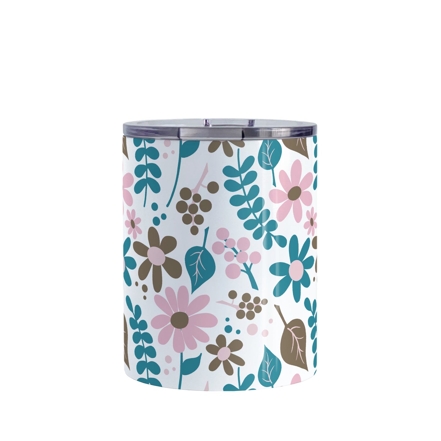 Pink Turquoise Brown Floral Pattern Tumbler Cup (10oz, stainless steel insulated) at Amy's Coffee Mugs