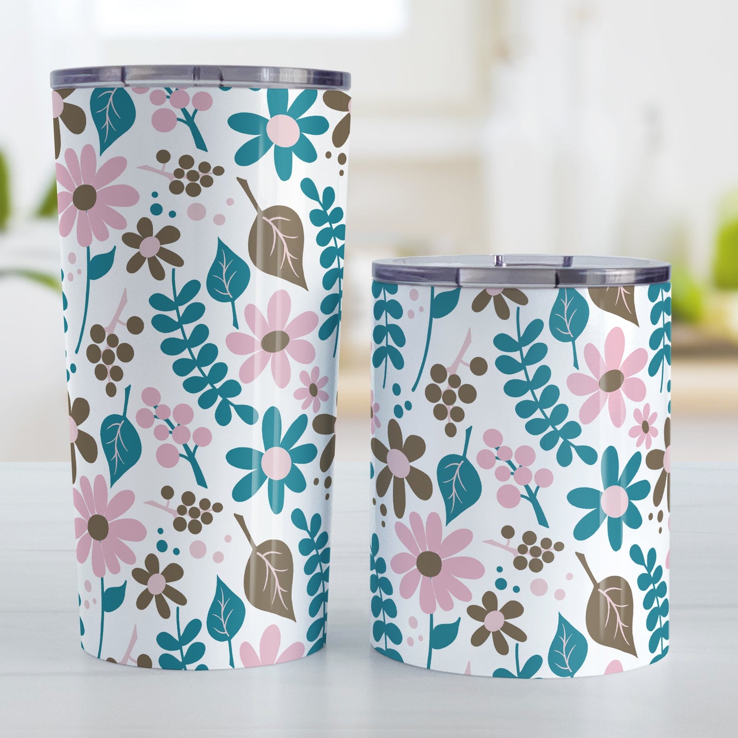 Pink Turquoise Brown Floral Pattern Tumbler Cup (20oz and 10oz, stainless steel insulated) at Amy's Coffee Mugs