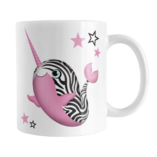 Pink Zebra Narwhal Mug (11oz) at Amy's Coffee Mugs. A ceramic coffee mug designed with a truly unique illustration of a pink narwhal with black and white zebra stripes, and pink and black and white stars around it. This one-of-a-kind and cute pink zebra narwhal illustration is on both sides of the mug.