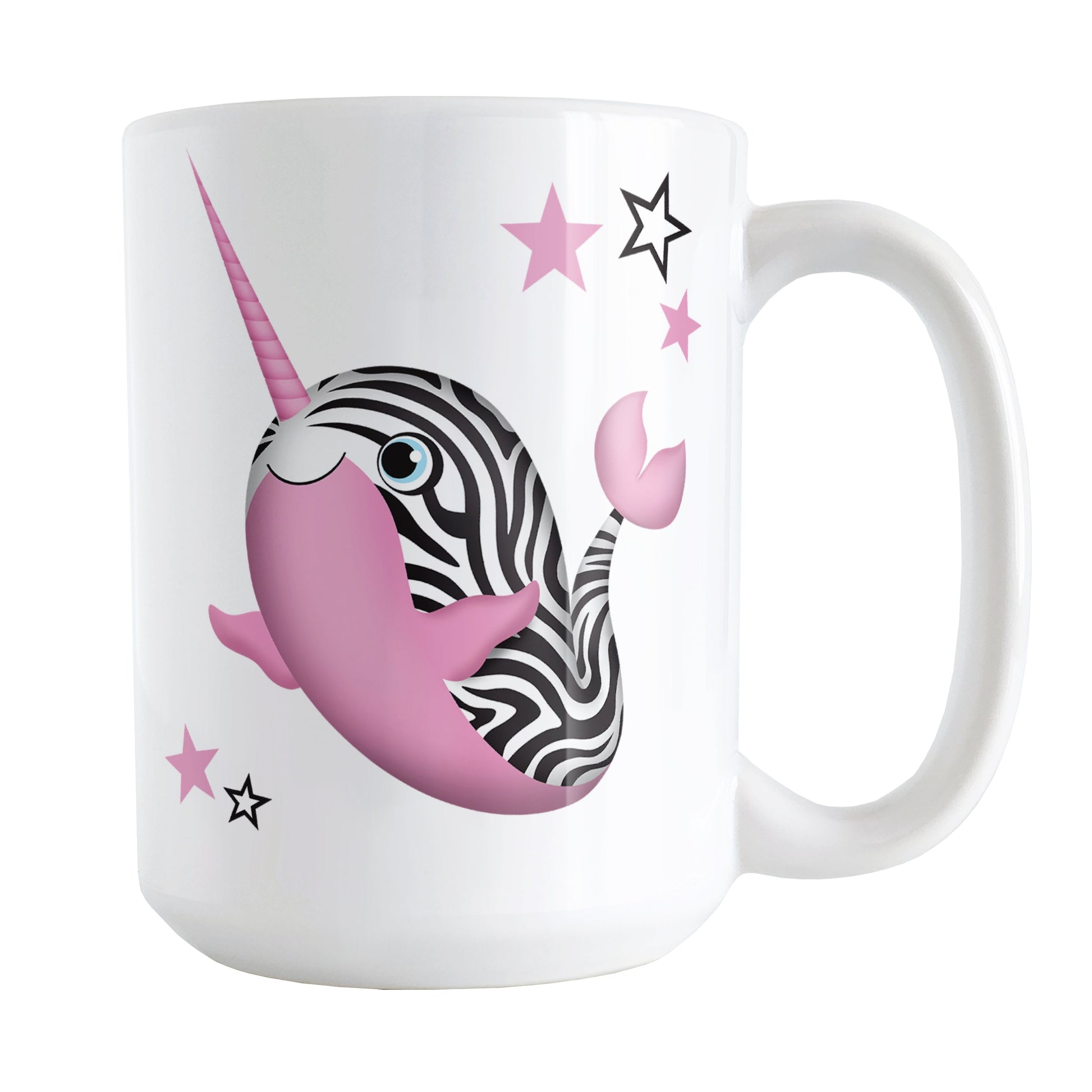 Pink Zebra Narwhal Mug (15oz) at Amy's Coffee Mugs. A ceramic coffee mug designed with a truly unique illustration of a pink narwhal with black and white zebra stripes, and pink and black and white stars around it. This one-of-a-kind and cute pink zebra narwhal illustration is on both sides of the mug.