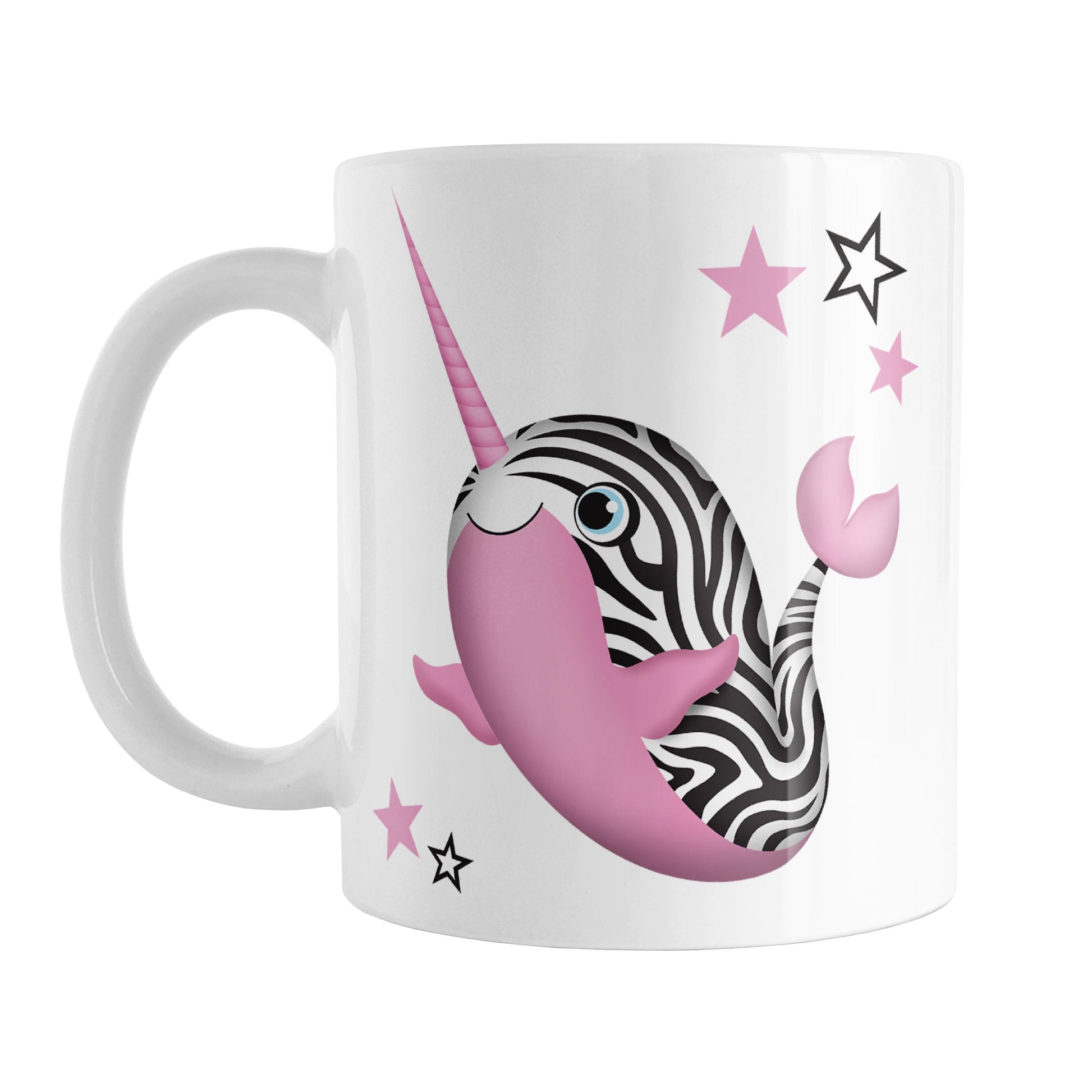 Pink Zebra Narwhal Mug (11oz) at Amy's Coffee Mugs. A ceramic coffee mug designed with a truly unique illustration of a pink narwhal with black and white zebra stripes, and pink and black and white stars around it. This one-of-a-kind and cute pink zebra narwhal illustration is on both sides of the mug.