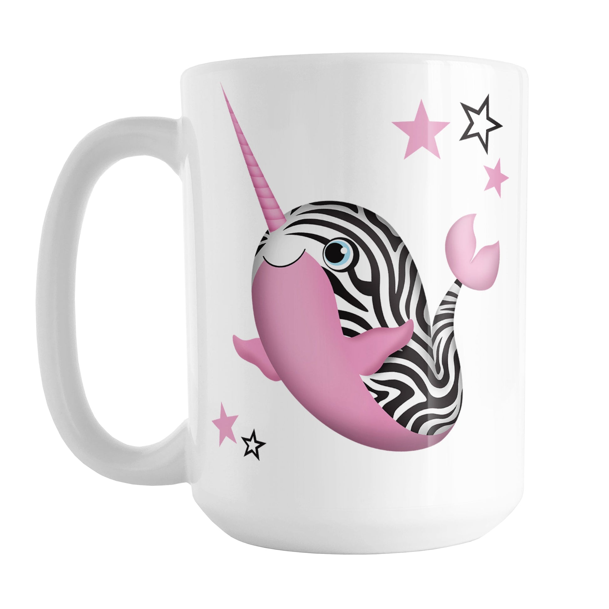 Pink Zebra Narwhal Mug (15oz) at Amy's Coffee Mugs. A ceramic coffee mug designed with a truly unique illustration of a pink narwhal with black and white zebra stripes, and pink and black and white stars around it. This one-of-a-kind and cute pink zebra narwhal illustration is on both sides of the mug.