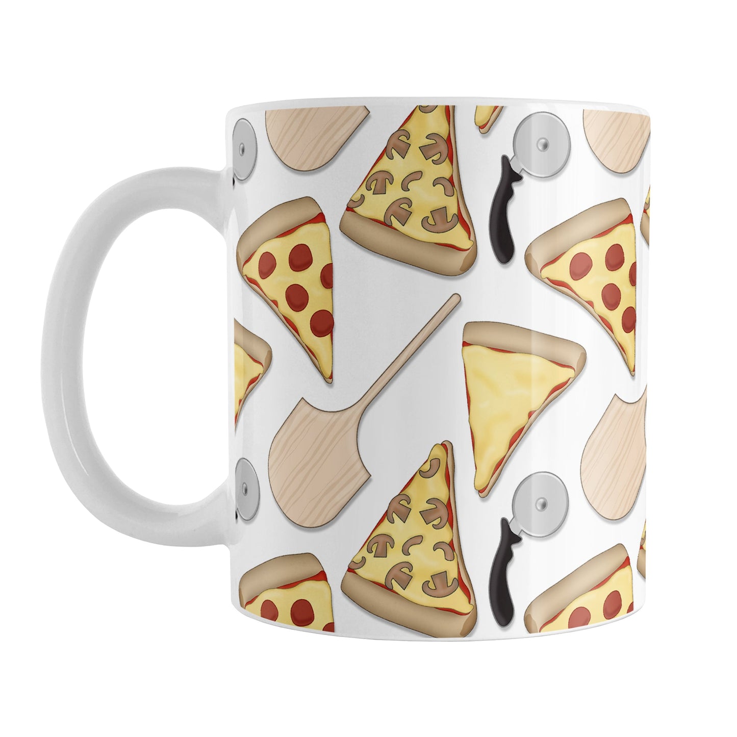 Pizzeria Pizza Pattern Mug (11oz) at Amy's Coffee Mugs. A ceramic coffee mug designed with a pizza slice pattern with pizza cutters and wooden peel pizza shovels as well over a white background that wraps around the mug up to the handle.