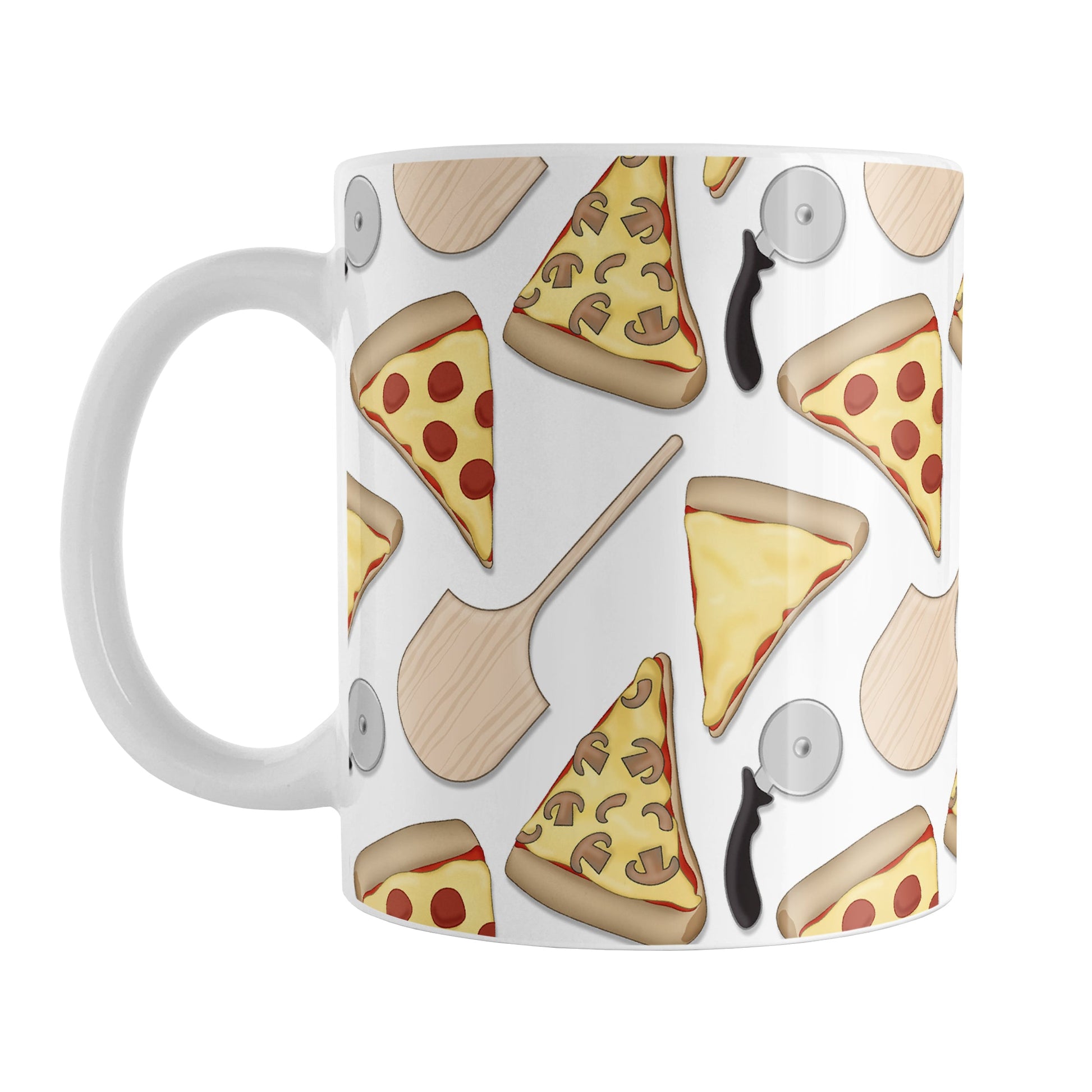 Pizzeria Pizza Pattern Mug (11oz) at Amy's Coffee Mugs. A ceramic coffee mug designed with a pizza slice pattern with pizza cutters and wooden peel pizza shovels as well over a white background that wraps around the mug up to the handle.