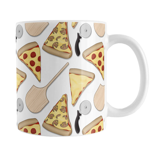 Pizzeria Pizza Pattern Mug (11oz) at Amy's Coffee Mugs. A ceramic coffee mug designed with a pizza slice pattern with pizza cutters and wooden peel pizza shovels as well over a white background that wraps around the mug up to the handle.