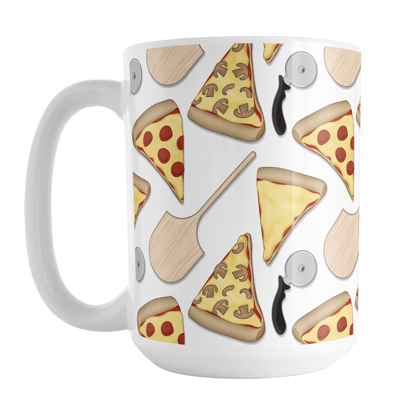 Pizzeria Pizza Pattern Mug (15oz) at Amy's Coffee Mugs. A ceramic coffee mug designed with a pizza slice pattern with pizza cutters and wooden peel pizza shovels as well over a white background that wraps around the mug up to the handle.