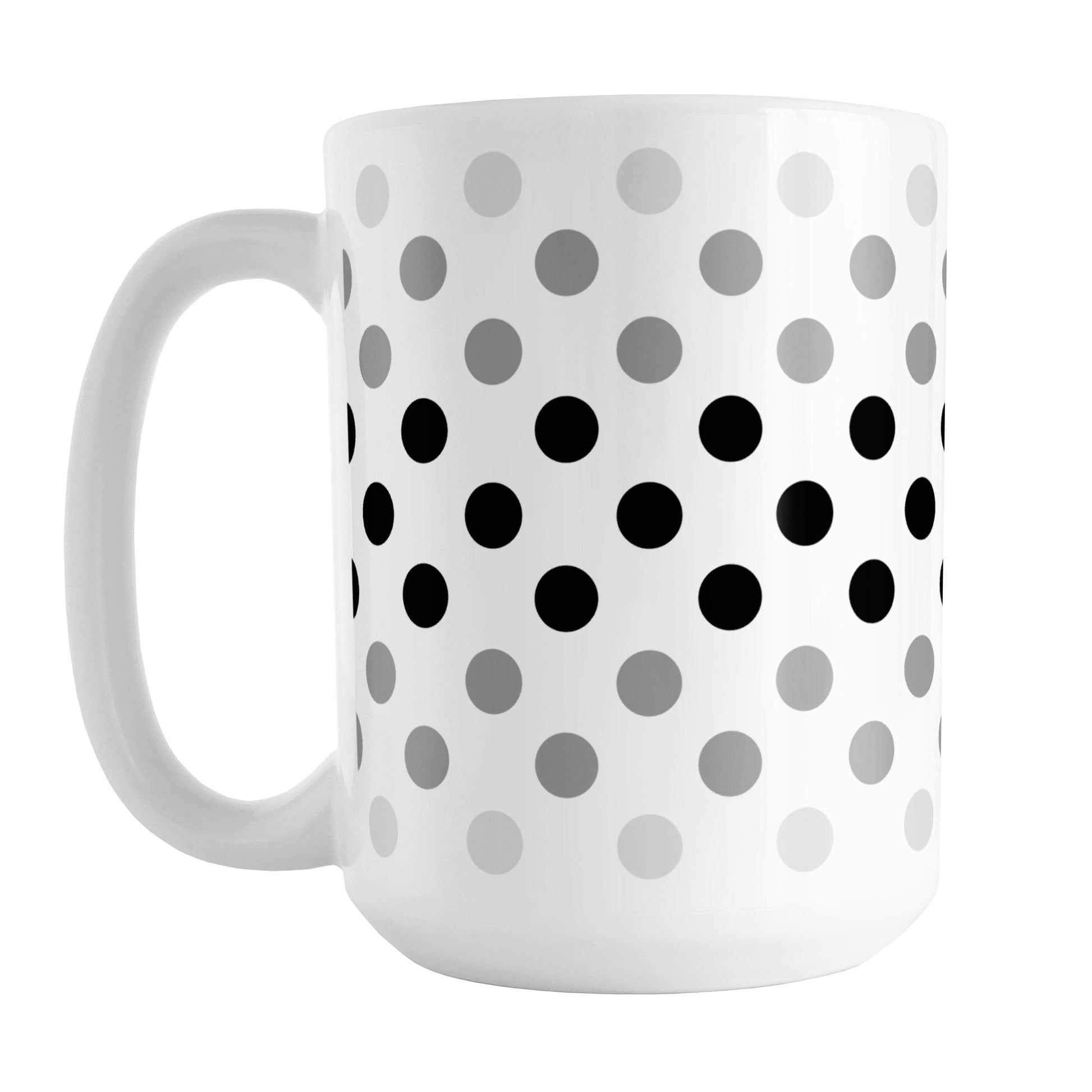 Polka Dots in Black Gray Mug (15oz) at Amy's Coffee Mugs. A ceramic coffee mug designed with polka dots in different shades of black and gray, with the black across the middle and the lighter shades of gray along the top and bottom, in a pattern that wraps around the mug to the handle.
