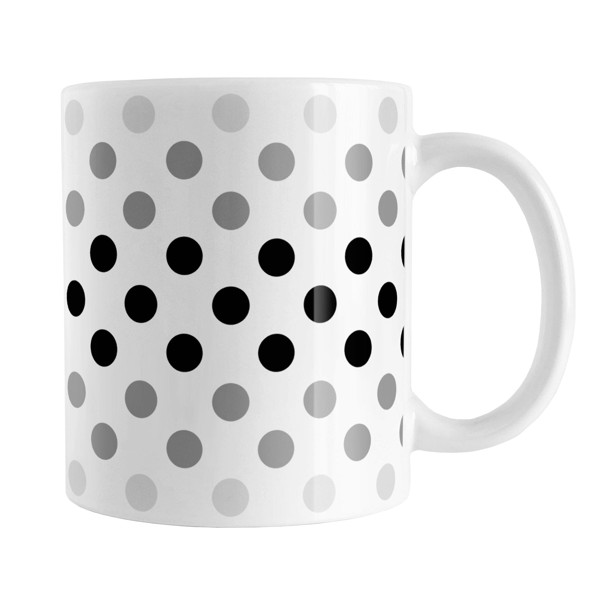 Polka Dots in Black Gray Mug (11oz) at Amy's Coffee Mugs. A ceramic coffee mug designed with polka dots in different shades of black and gray, with the black across the middle and the lighter shades of gray along the top and bottom, in a pattern that wraps around the mug to the handle.