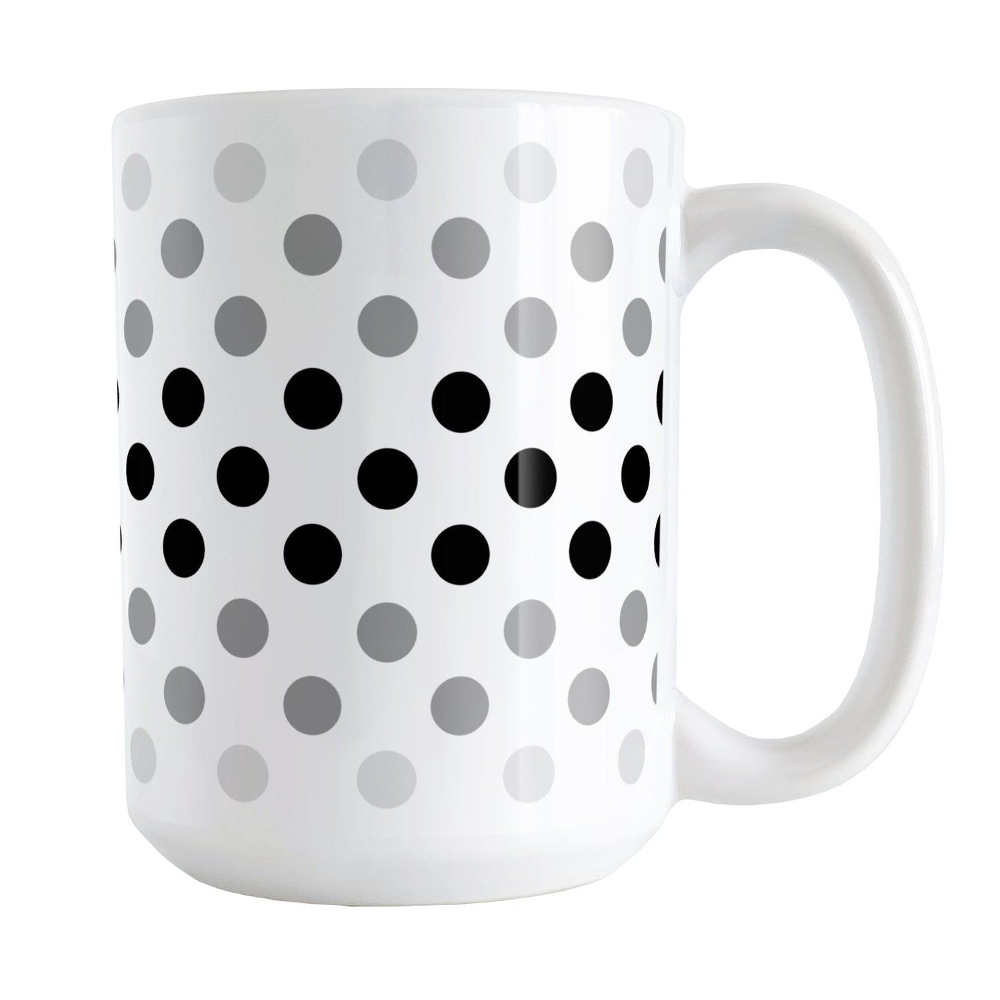 Polka Dots in Black Gray Mug (15oz) at Amy's Coffee Mugs. A ceramic coffee mug designed with polka dots in different shades of black and gray, with the black across the middle and the lighter shades of gray along the top and bottom, in a pattern that wraps around the mug to the handle.