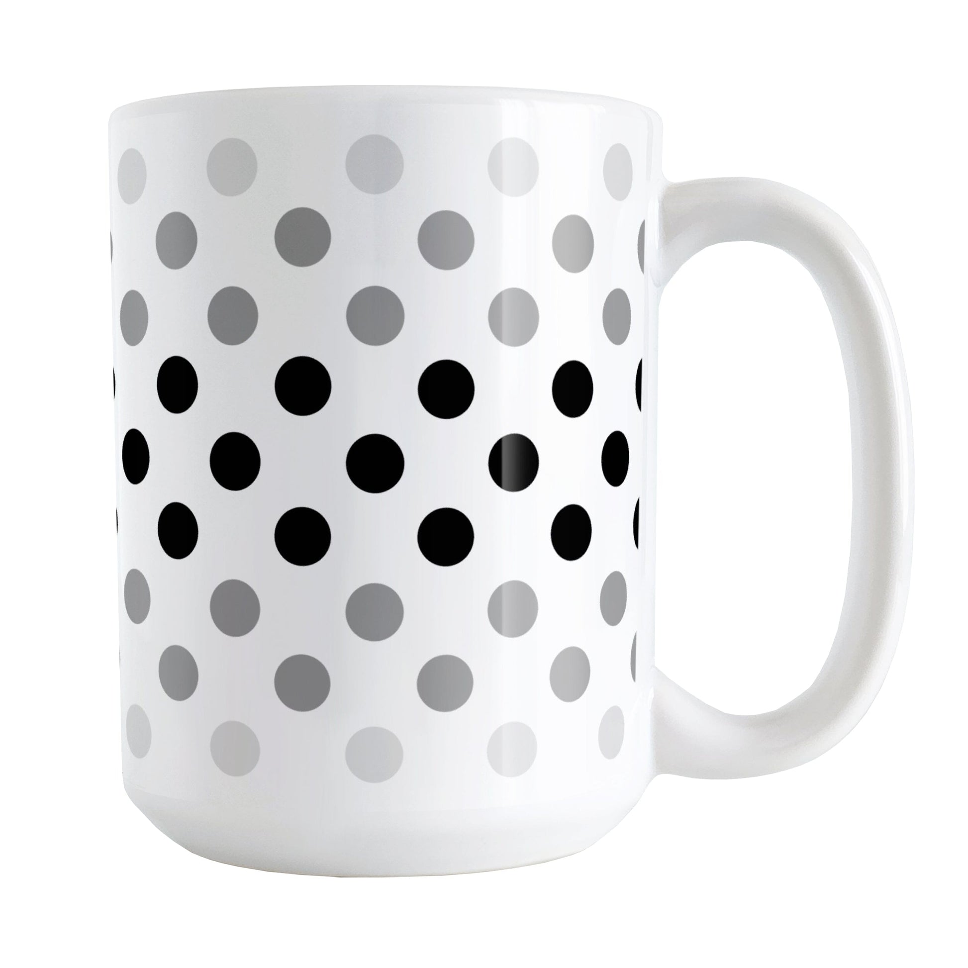 Polka Dots in Black Gray Mug (15oz) at Amy's Coffee Mugs. A ceramic coffee mug designed with polka dots in different shades of black and gray, with the black across the middle and the lighter shades of gray along the top and bottom, in a pattern that wraps around the mug to the handle.