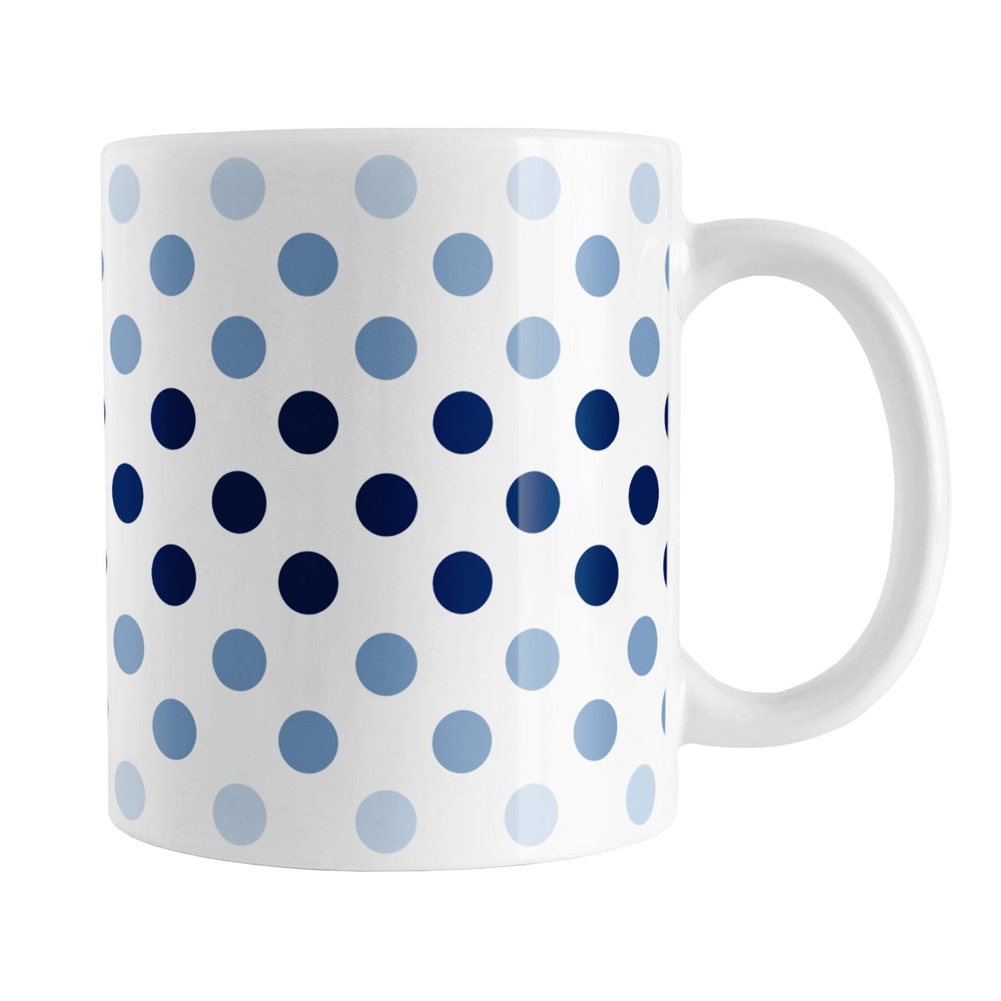 Polka Dots in Blue Mug (11oz) at Amy's Coffee Mugs. A ceramic coffee mug designed with polka dots in different shades of blue, with the darker blue color across the middle and the lighter blue along the top and bottom, in a pattern that wraps around the mug to the handle.