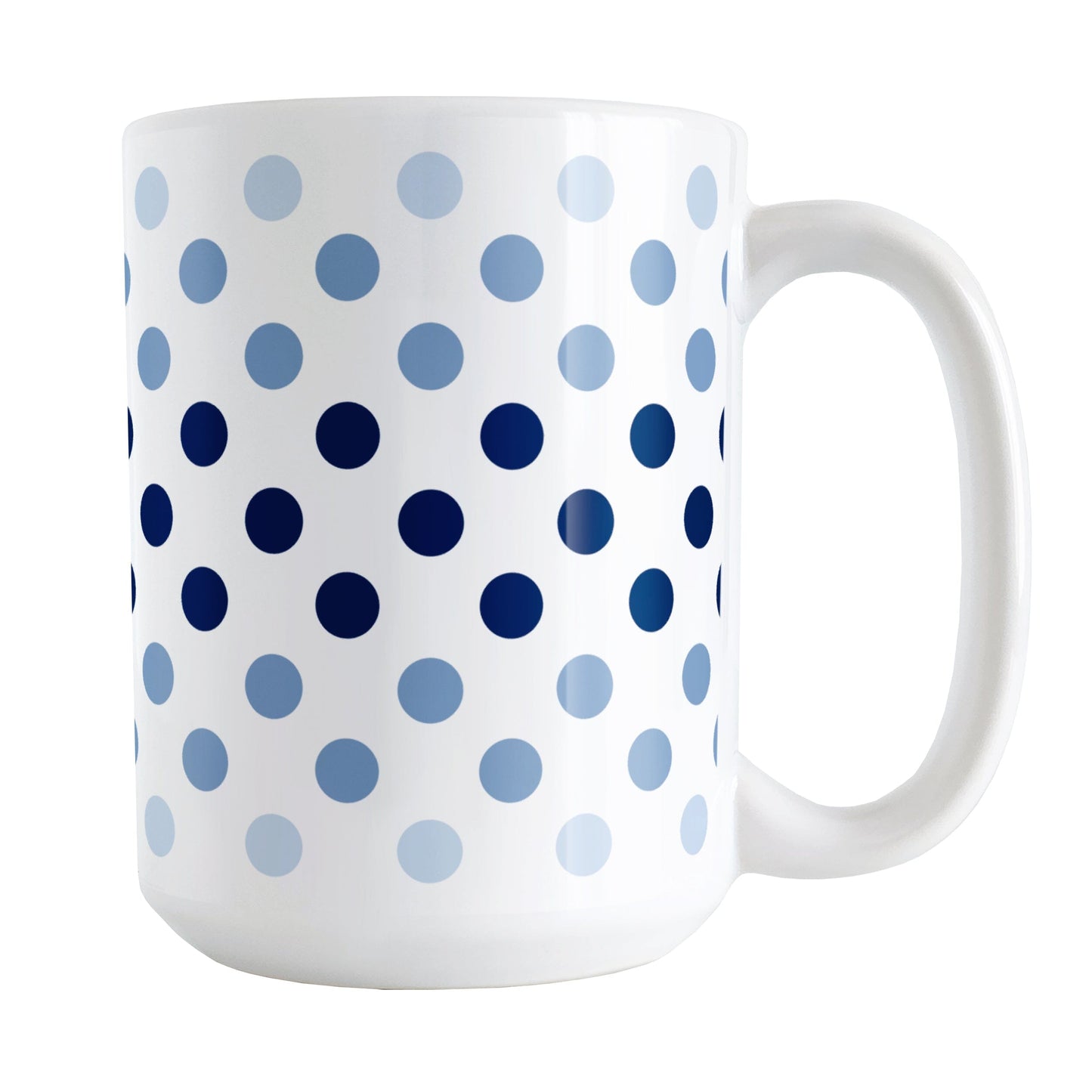 Polka Dots in Blue Mug (15oz) at Amy's Coffee Mugs. A ceramic coffee mug designed with polka dots in different shades of blue, with the darker blue color across the middle and the lighter blue along the top and bottom, in a pattern that wraps around the mug to the handle.