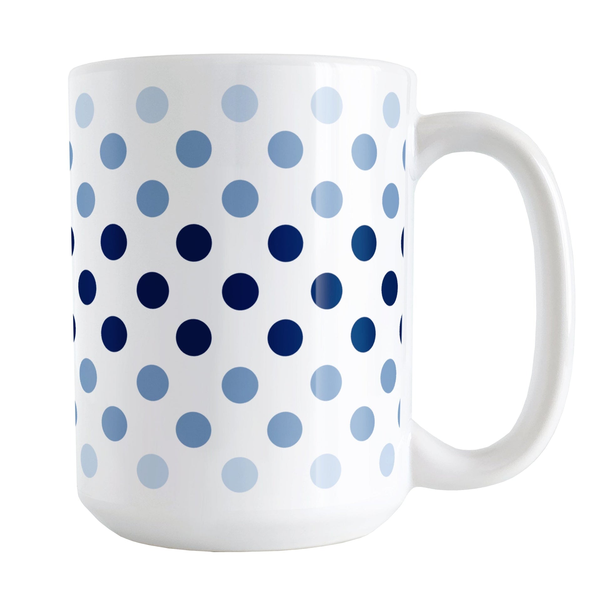 Polka Dots in Blue Mug (15oz) at Amy's Coffee Mugs. A ceramic coffee mug designed with polka dots in different shades of blue, with the darker blue color across the middle and the lighter blue along the top and bottom, in a pattern that wraps around the mug to the handle.