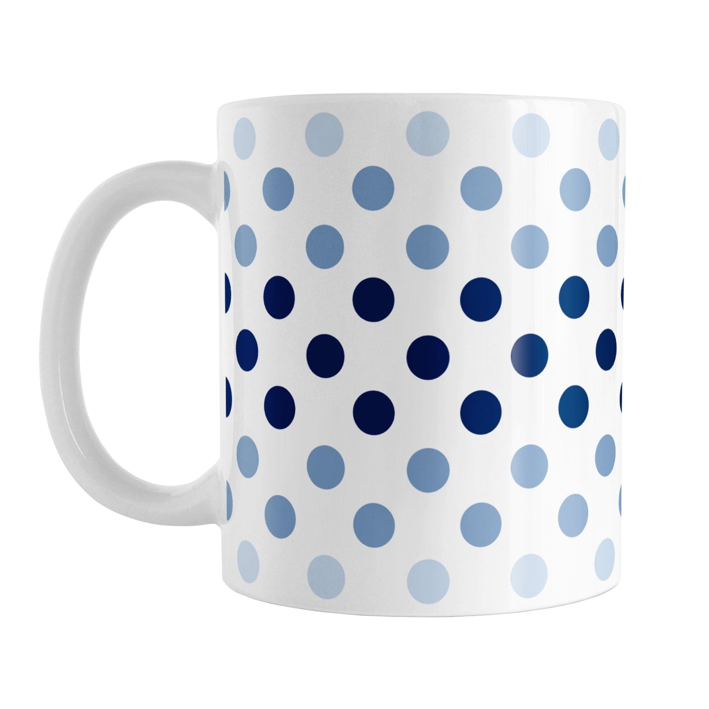 Polka Dots in Blue Mug (11oz) at Amy's Coffee Mugs. A ceramic coffee mug designed with polka dots in different shades of blue, with the darker blue color across the middle and the lighter blue along the top and bottom, in a pattern that wraps around the mug to the handle.