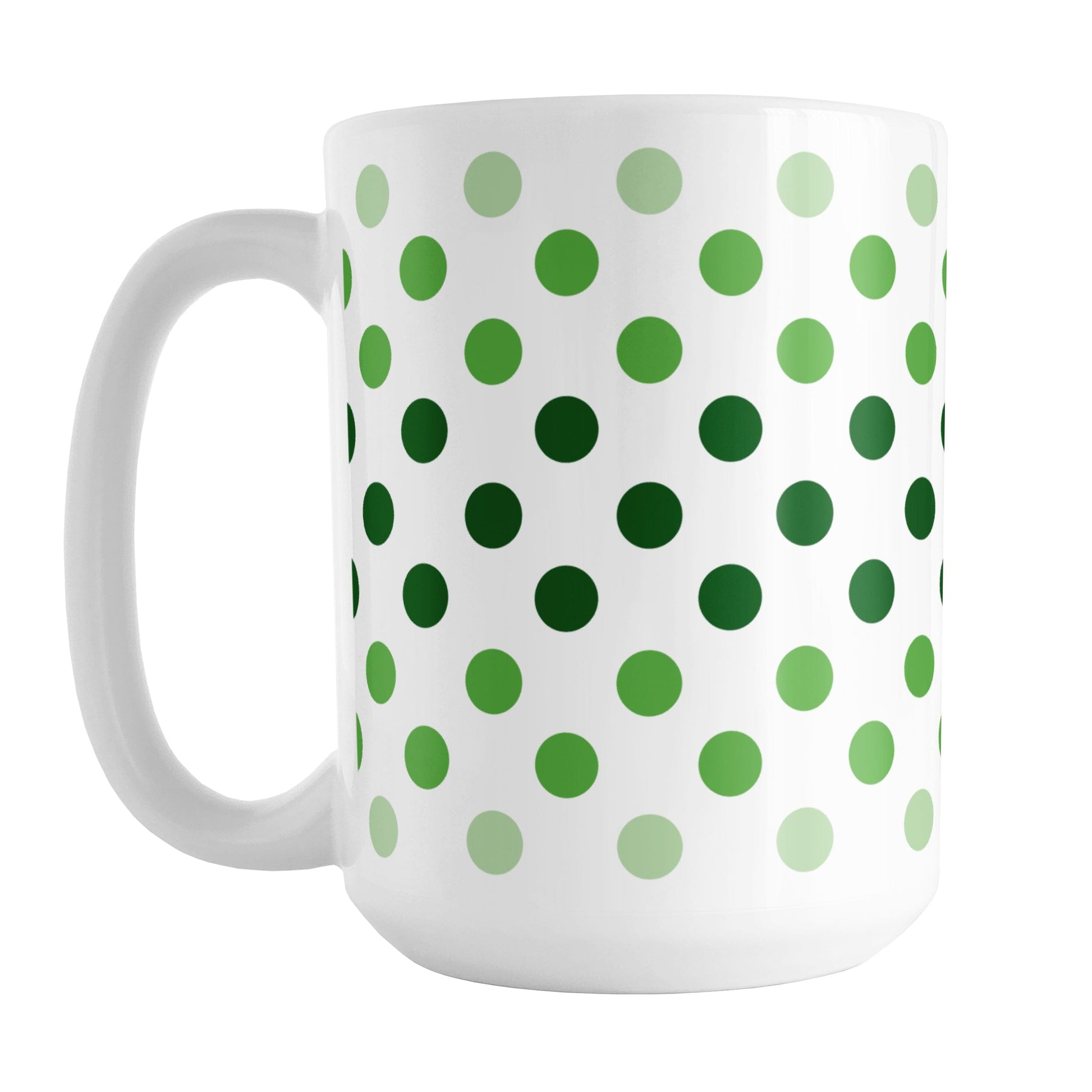 Polka Dots in Green Mug (15oz) at Amy's Coffee Mugs. A ceramic coffee mug designed with polka dots in different shades of green, with the darker green color across the middle and the lighter green along the top and bottom, in a pattern that wraps around the mug to the handle.