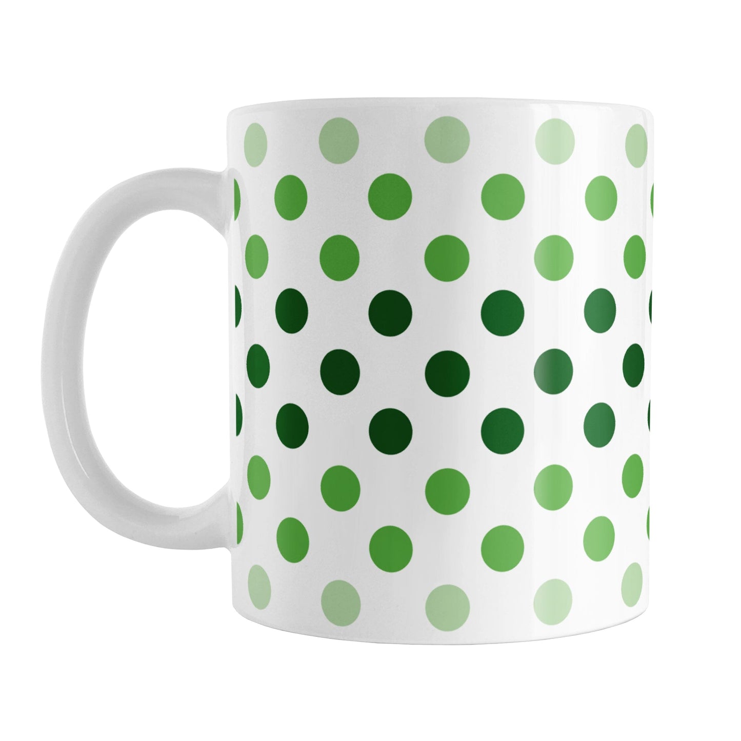 Polka Dots in Green Mug (11oz) at Amy's Coffee Mugs. A ceramic coffee mug designed with polka dots in different shades of green, with the darker green color across the middle and the lighter green along the top and bottom, in a pattern that wraps around the mug to the handle.