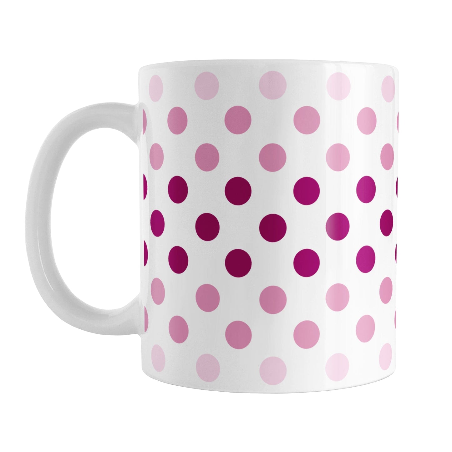 Polka Dots in Pink Mug (11oz) at Amy's Coffee Mugs. A ceramic coffee mug designed with polka dots in different shades of pink, with the darker pink color across the middle and the lighter pink along the top and bottom, in a pattern that wraps around the mug to the handle.