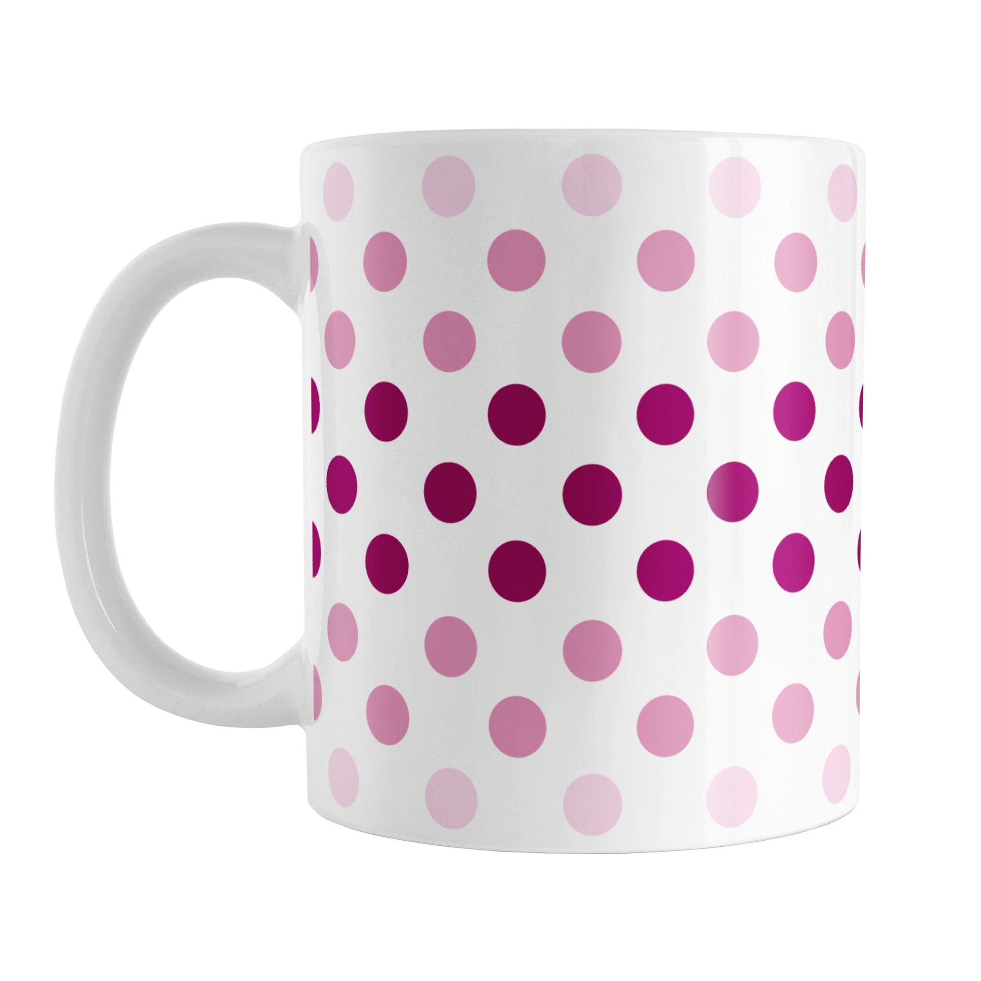Polka Dots in Pink Mug (11oz) at Amy's Coffee Mugs. A ceramic coffee mug designed with polka dots in different shades of pink, with the darker pink color across the middle and the lighter pink along the top and bottom, in a pattern that wraps around the mug to the handle.