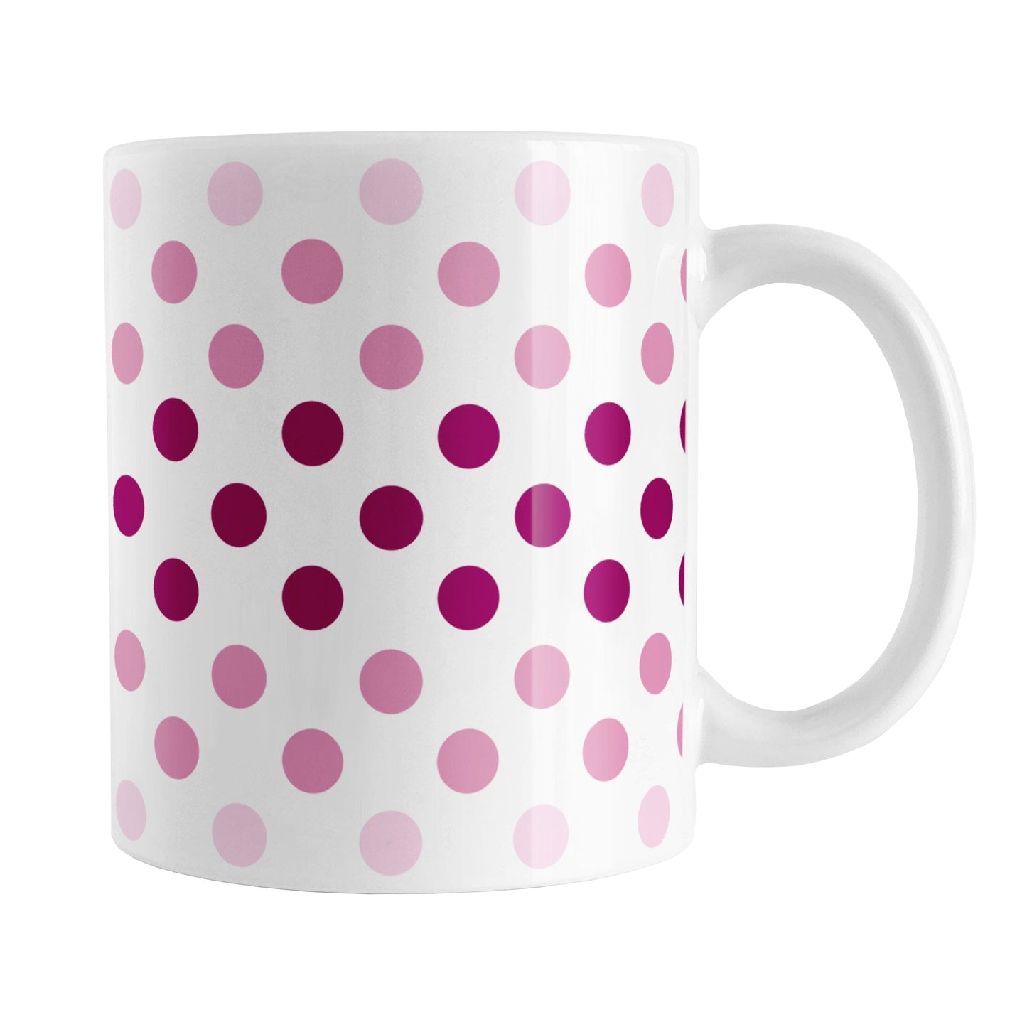 Polka Dots in Pink Mug (11oz) at Amy's Coffee Mugs. A ceramic coffee mug designed with polka dots in different shades of pink, with the darker pink color across the middle and the lighter pink along the top and bottom, in a pattern that wraps around the mug to the handle.