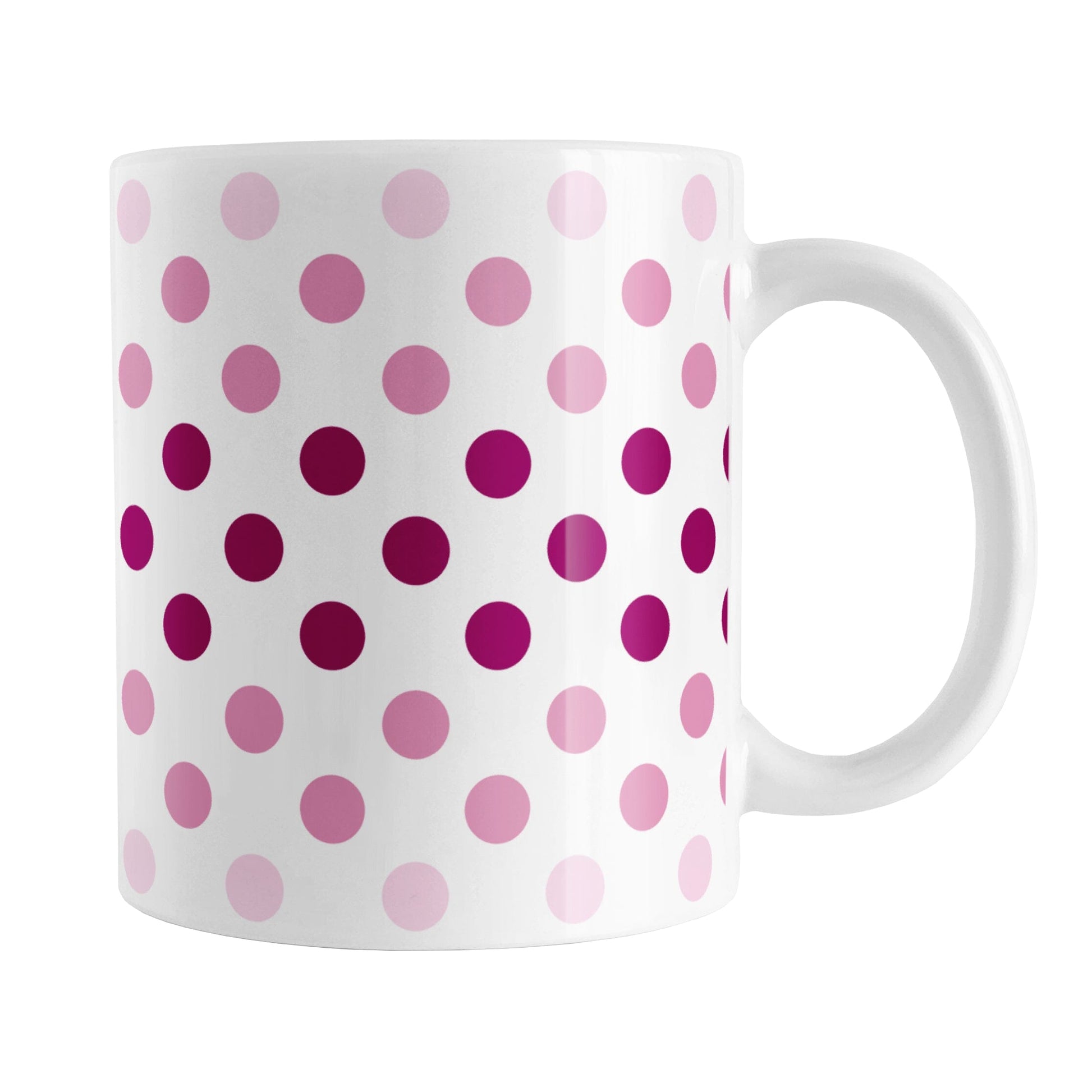 Polka Dots in Pink Mug (11oz) at Amy's Coffee Mugs. A ceramic coffee mug designed with polka dots in different shades of pink, with the darker pink color across the middle and the lighter pink along the top and bottom, in a pattern that wraps around the mug to the handle.
