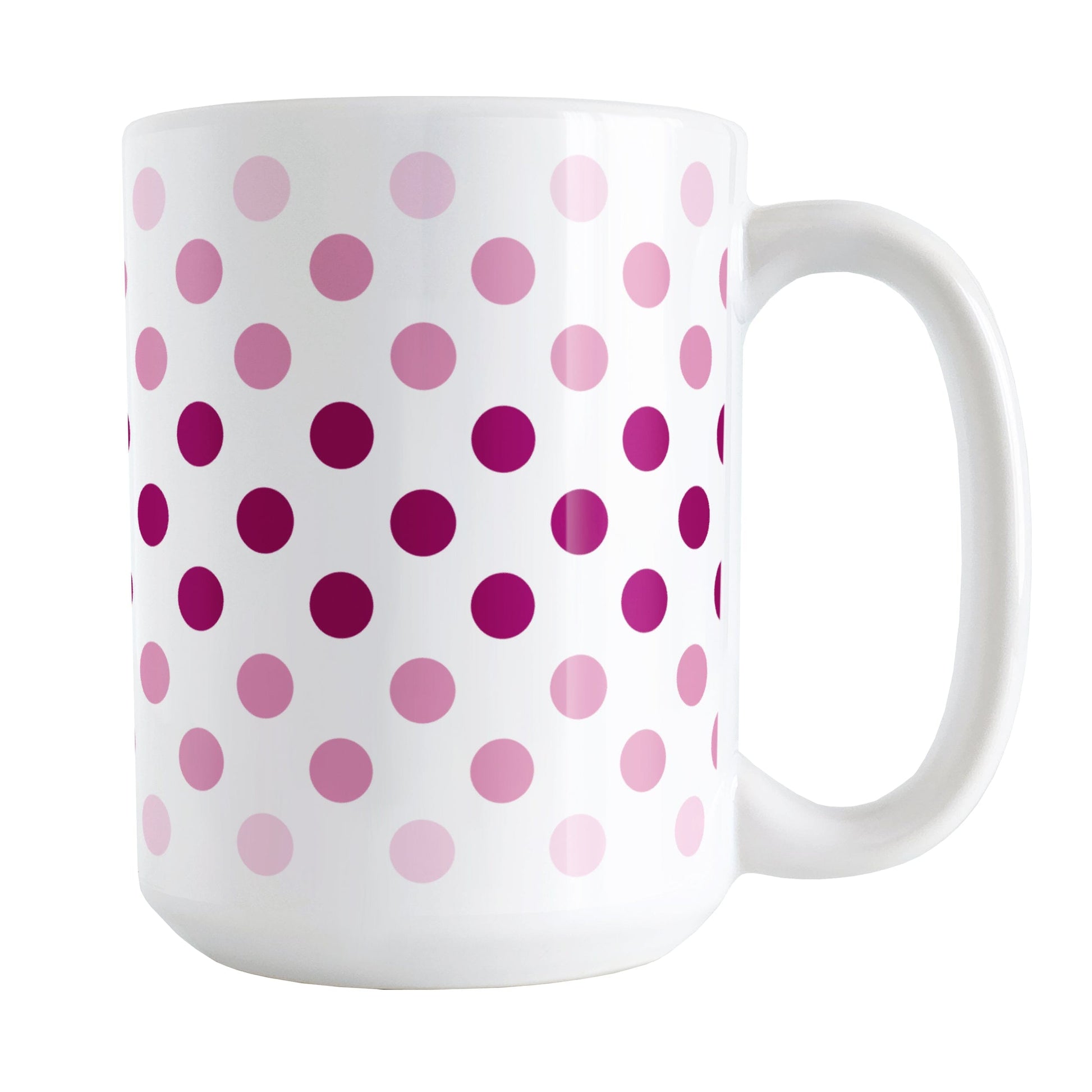 Polka Dots in Pink Mug (15oz) at Amy's Coffee Mugs. A ceramic coffee mug designed with polka dots in different shades of pink, with the darker pink color across the middle and the lighter pink along the top and bottom, in a pattern that wraps around the mug to the handle.