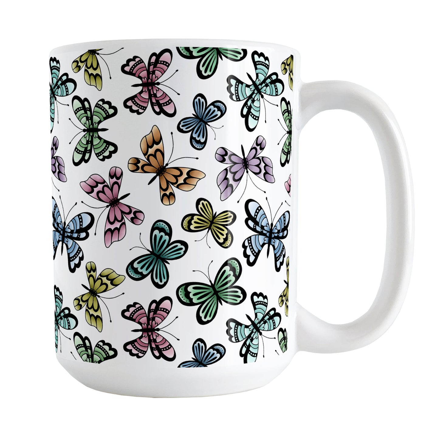 Pretty Butterfly Pattern Mug (15oz) at Amy's Coffee Mugs. A ceramic coffee mug designed with pretty and colorful butterflies in a pattern that wraps around the mug to the handle. This mug is perfect for people who love butterflies and colorful nature designs.