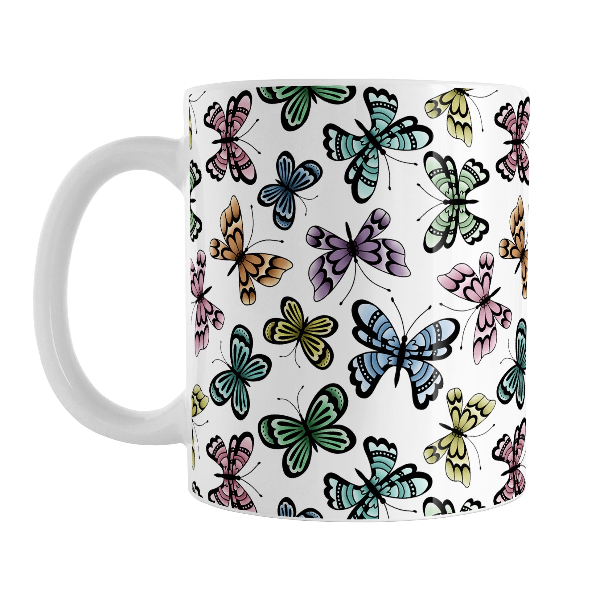 Pretty Butterfly Pattern Mug (11oz) at Amy's Coffee Mugs. A ceramic coffee mug designed with pretty and colorful butterflies in a pattern that wraps around the mug to the handle. This mug is perfect for people who love butterflies and colorful nature designs.